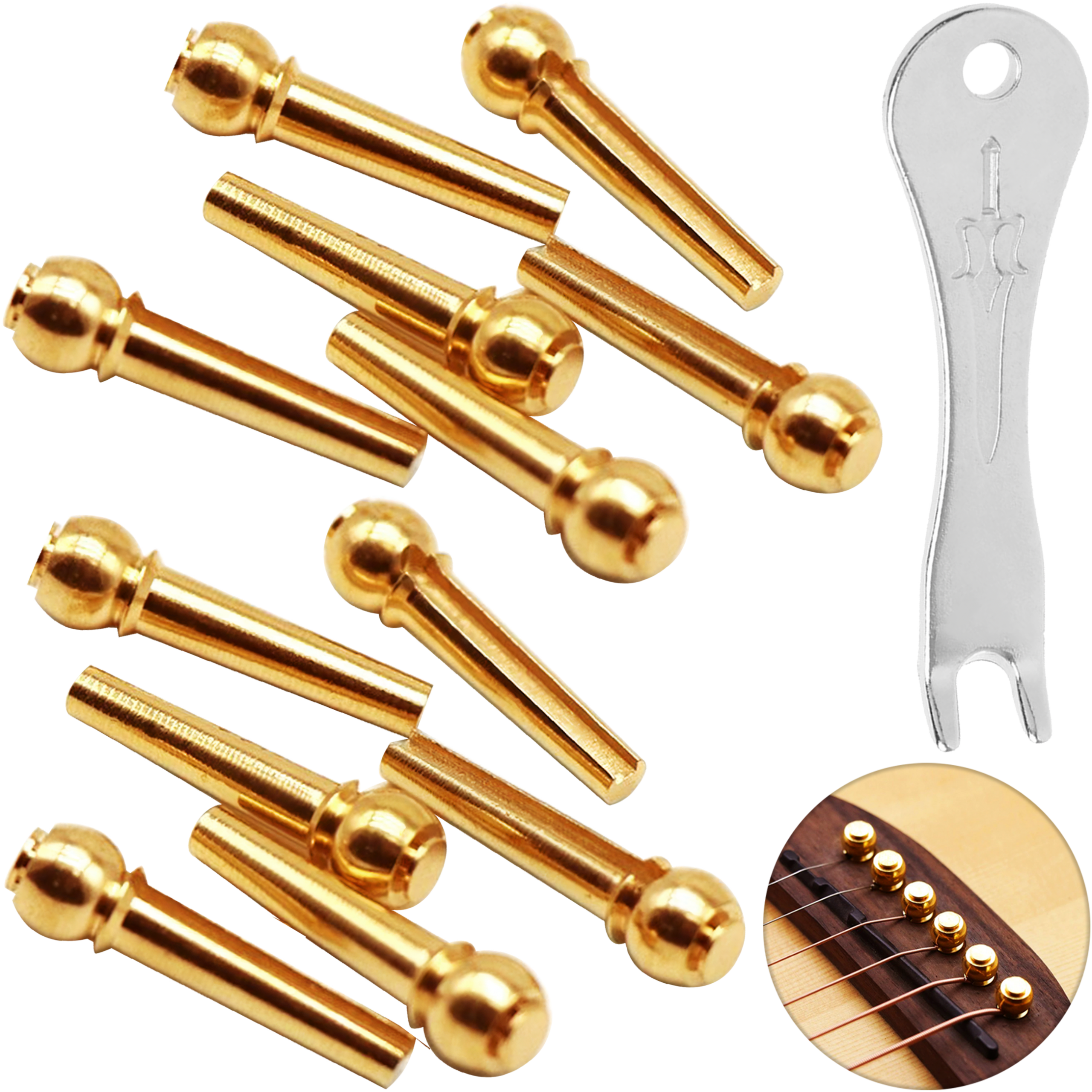 Repuesto Docerola: 12 pines de puente para guitarra acústica, latón dorado, 8 mm × 27 mm