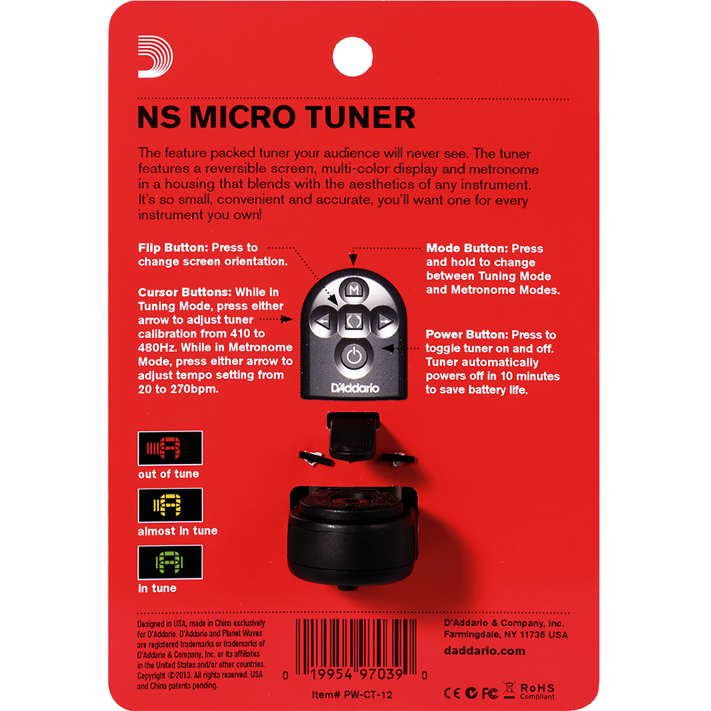 Afinador digital Planet Waves PW‑CT‑12MIC , clip giratorio 360°, pantalla LCD a color, portátil y compatible con guitarra, bajo, mandolina, ukelele y banjo.