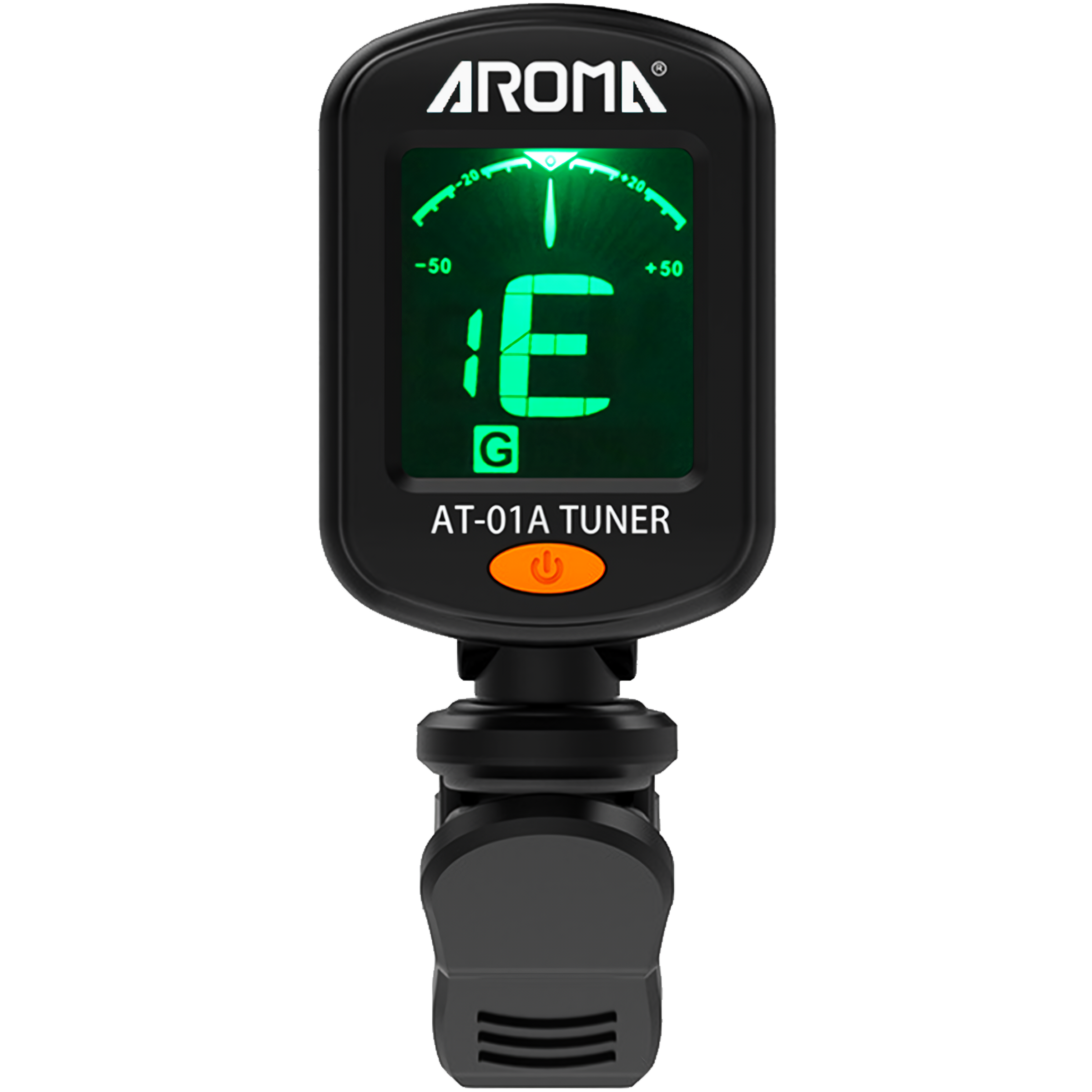 Afinador digital con clip y pantalla LCD a color, compatible con guitarra, bajo, ukelele y violín, muestra nota E con indicador de afinación; diseño compacto y clip giratorio 360 grados.