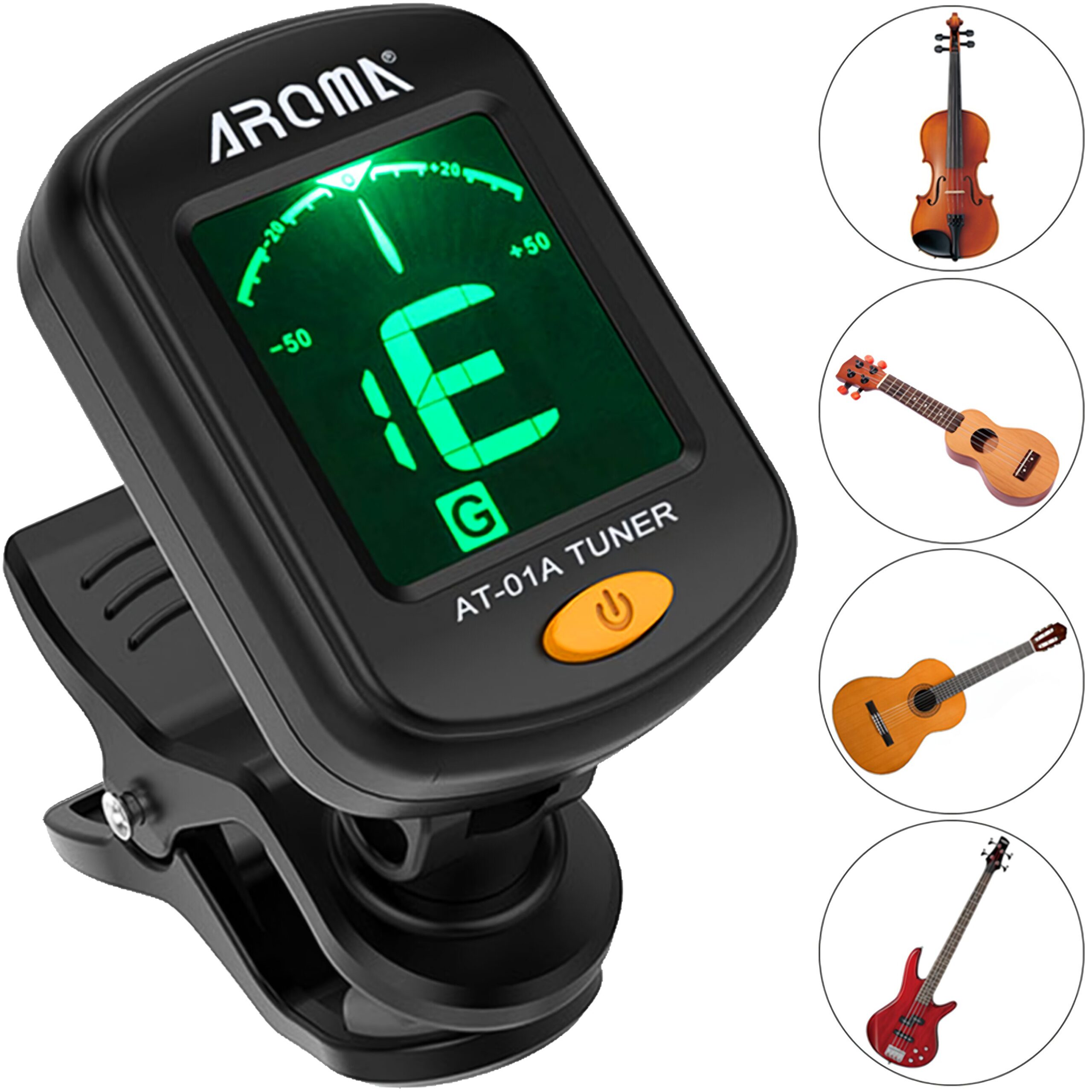 Afinador digital con clip y pantalla LCD a color, compatible con guitarra, bajo, ukelele y violín, muestra nota E con indicador de afinación; diseño compacto y clip giratorio 360 grados.