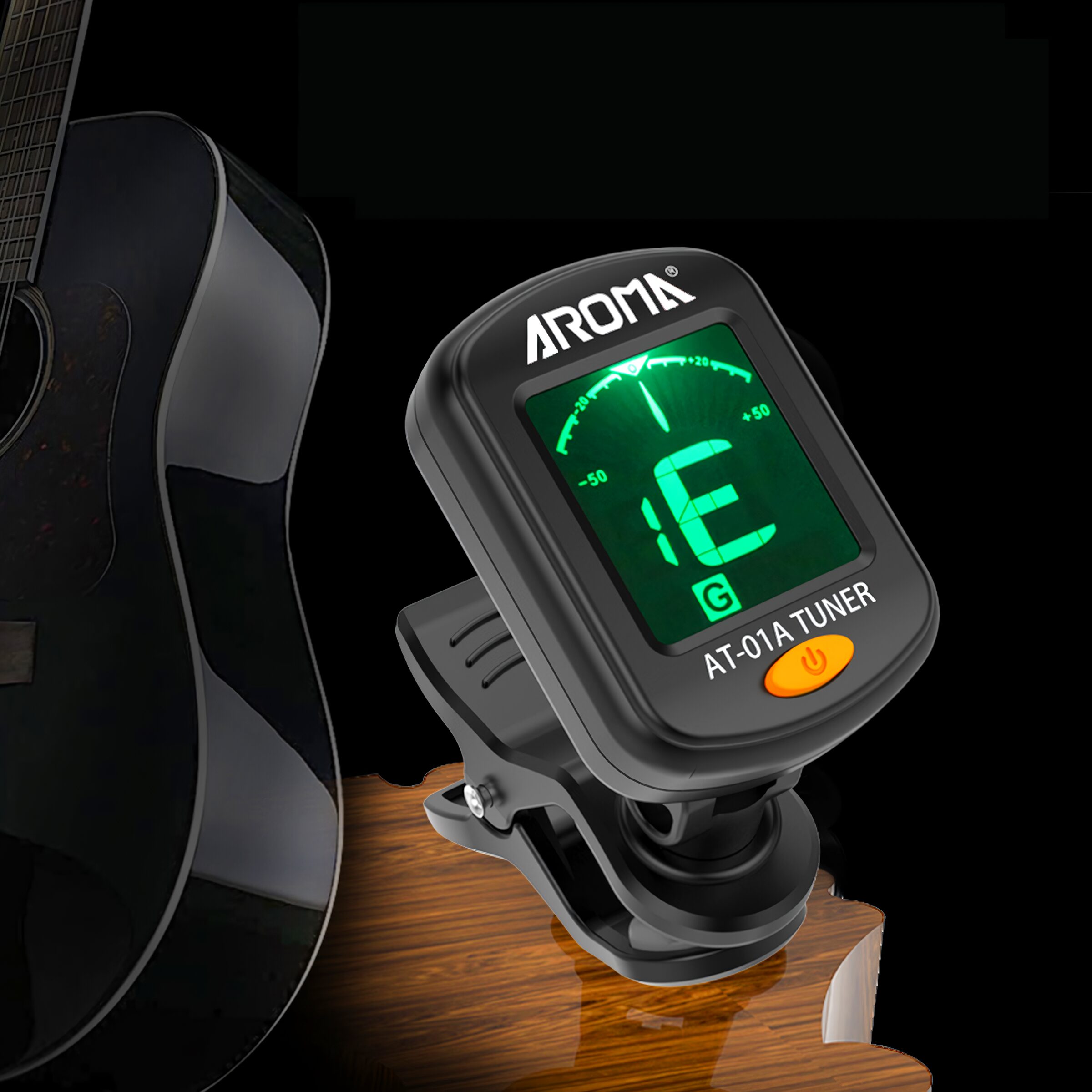 Afinador digital con clip y pantalla LCD a color, compatible con guitarra, bajo, ukelele y violín, muestra nota E con indicador de afinación; diseño compacto y clip giratorio 360 grados.