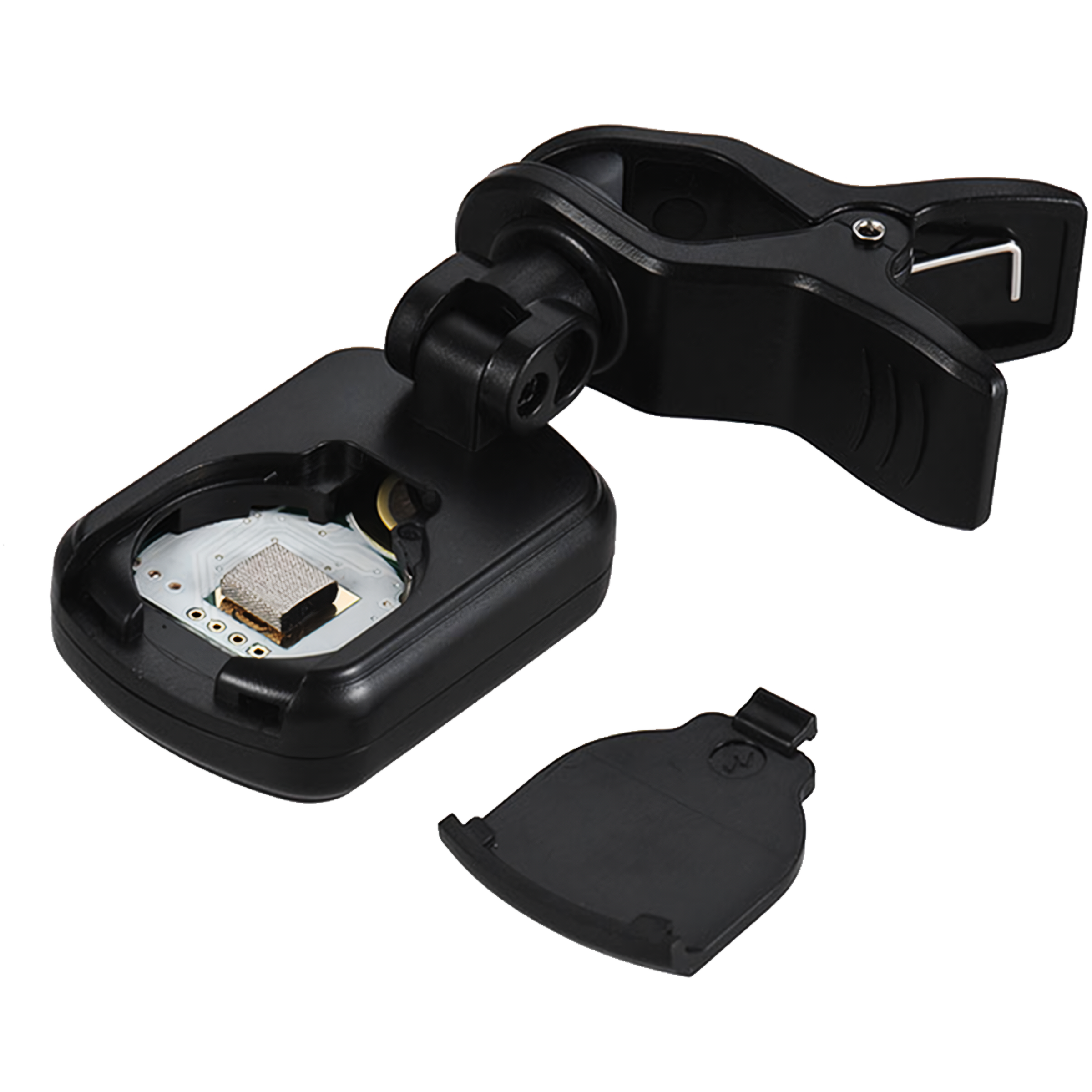 Afinador digital con clip y pantalla LCD a color, compatible con guitarra, bajo, ukelele y violín, muestra nota E con indicador de afinación; diseño compacto y clip giratorio 360 grados.