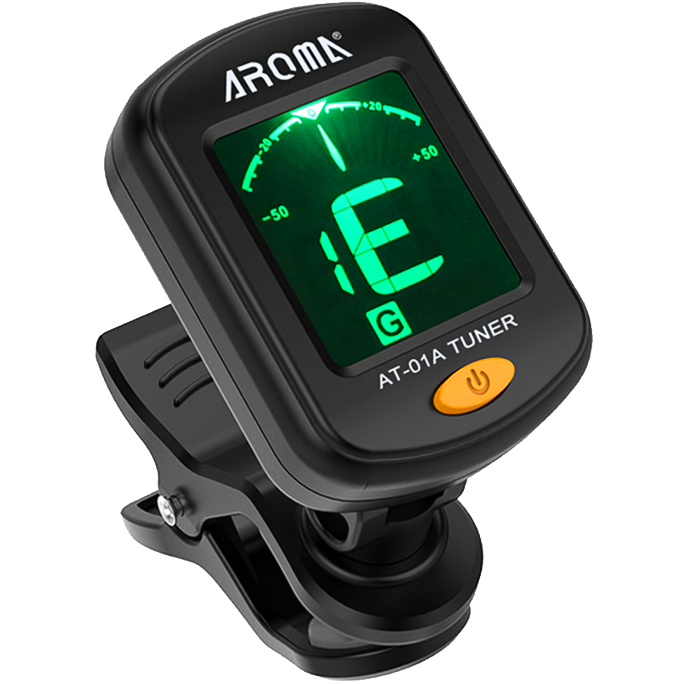 Afinador digital con clip y pantalla LCD a color, compatible con guitarra, bajo, ukelele y violín, muestra nota E con indicador de afinación; diseño compacto y clip giratorio 360 grados.