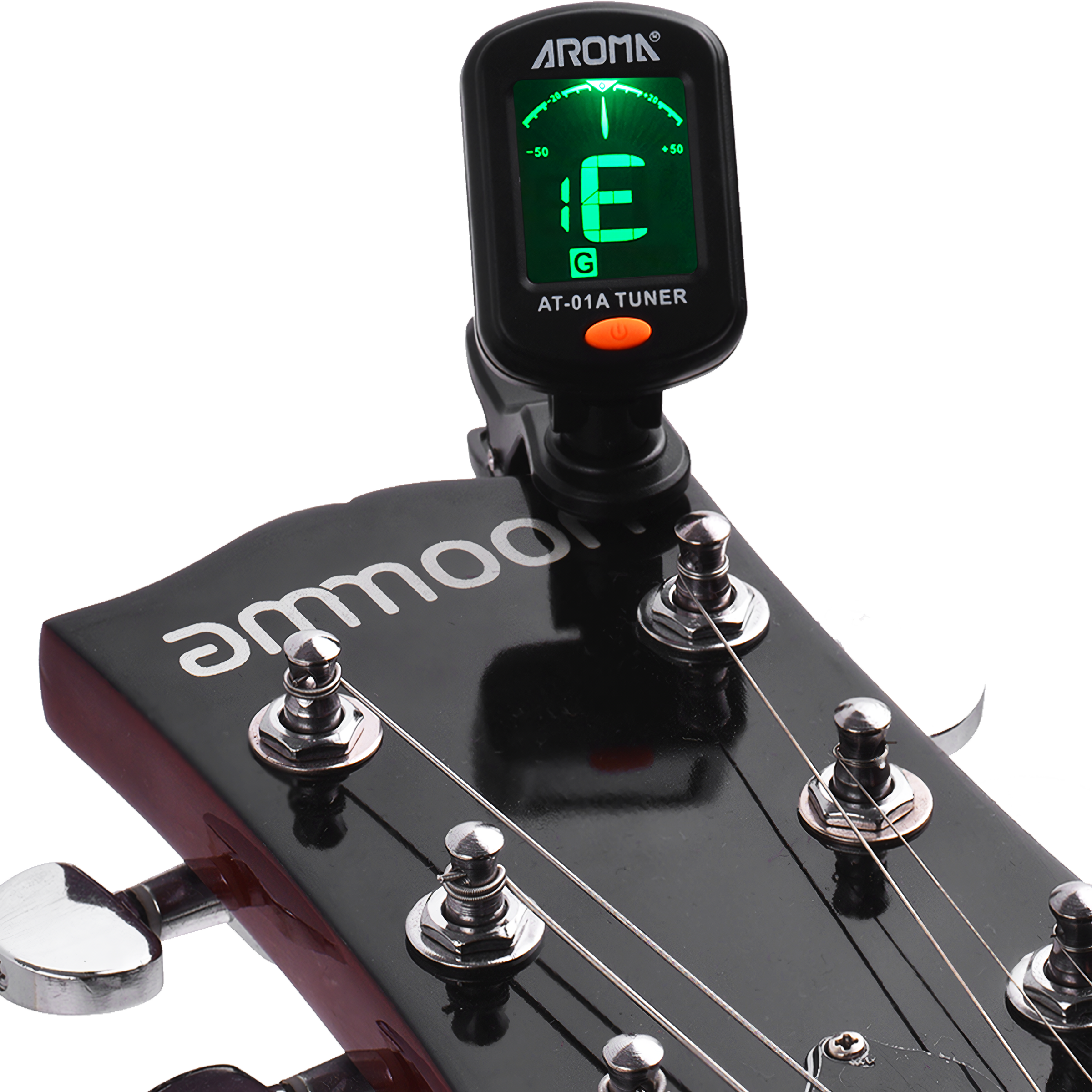 Afinador digital con clip y pantalla LCD a color, compatible con guitarra, bajo, ukelele y violín, muestra nota E con indicador de afinación; diseño compacto y clip giratorio 360 grados.
