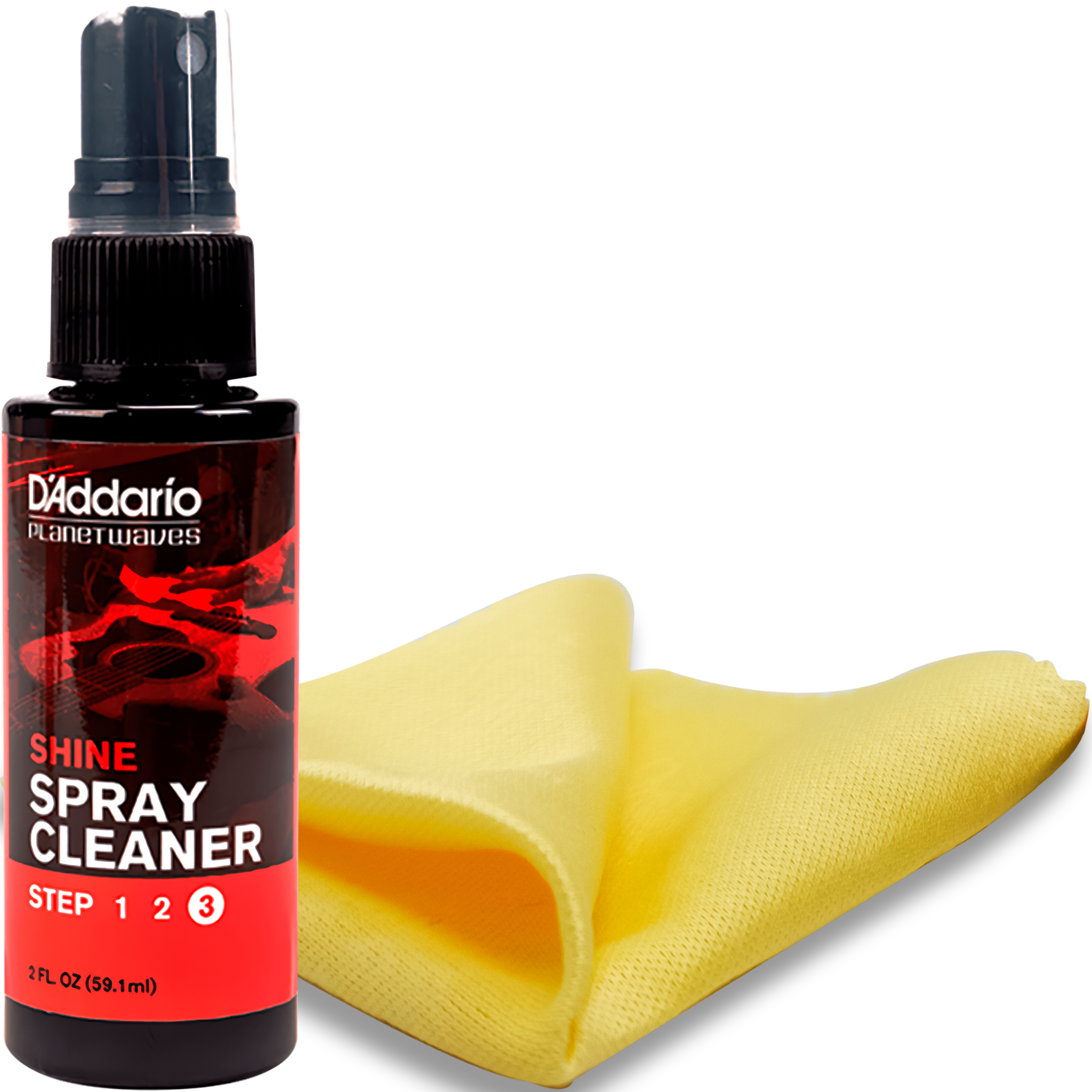 Persona aplicando Daddario Shine Instant Spray sobre la tapa brillante de una guitarra acústica, eliminando polvo y huellas, resaltando el color y acabado original del instrumento PW-PL-03S
