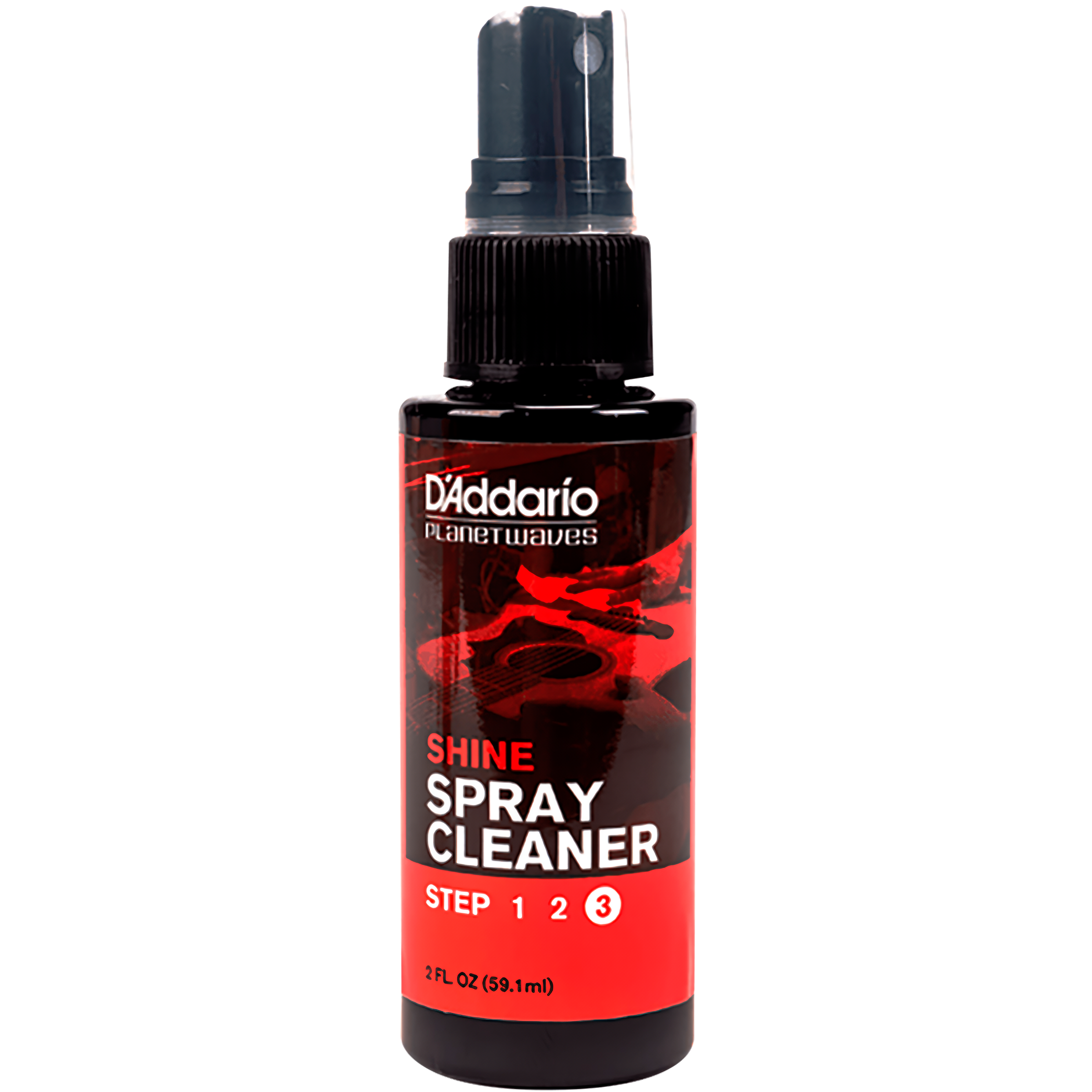 Persona aplicando Daddario Shine Instant Spray sobre la tapa brillante de una guitarra acústica, eliminando polvo y huellas, resaltando el color y acabado original del instrumento PW-PL-03S