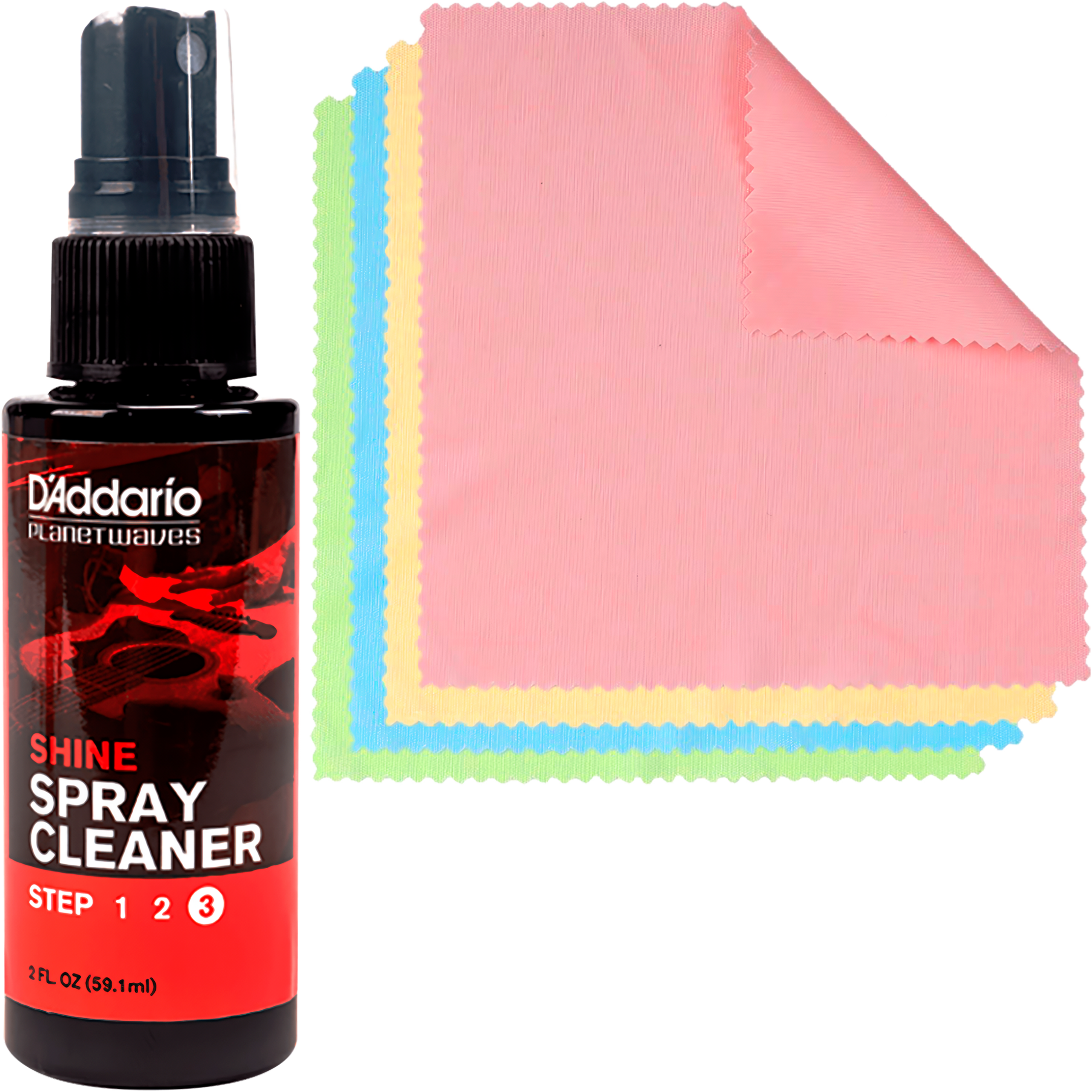 Persona aplicando Daddario Shine Instant Spray sobre la tapa brillante de una guitarra acústica, eliminando polvo y huellas, resaltando el color y acabado original del instrumento PW-PL-03S