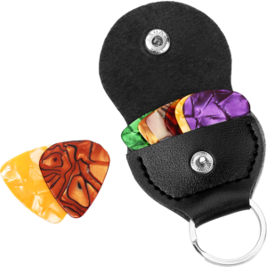 Porta Puas de cuero tipo llavero para guitarra acústica, pick holder compacto con gancho colgante