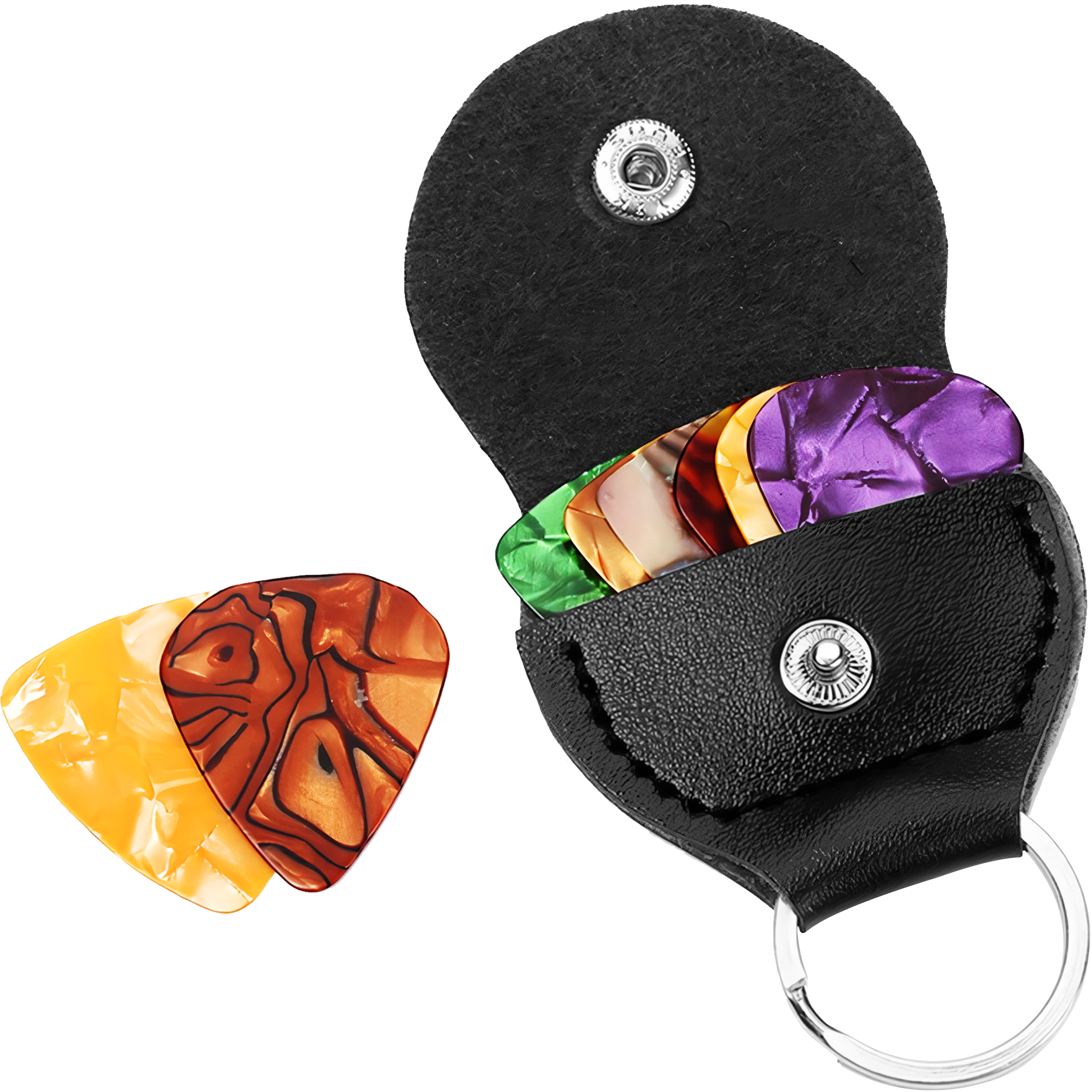 Porta Puas de cuero tipo llavero para guitarra acústica, pick holder compacto con gancho colgante