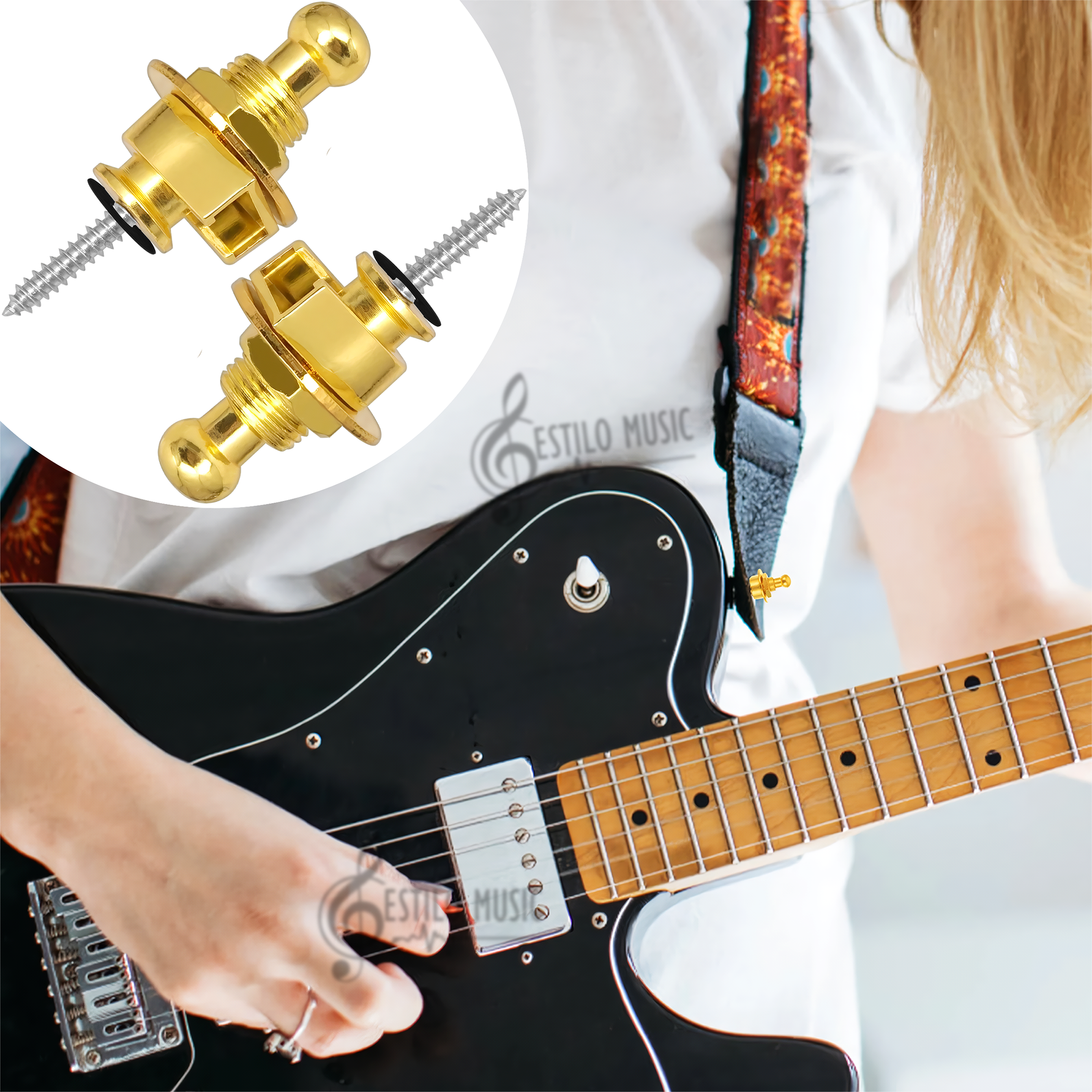 Botones metálicos desmontables para correa de guitarra acústica – set de dos, metal duradero y estilo elegante Juego de botones para correa strap desmontables, diseño metálico resistente para guitarra acústica TQPG Straplocks