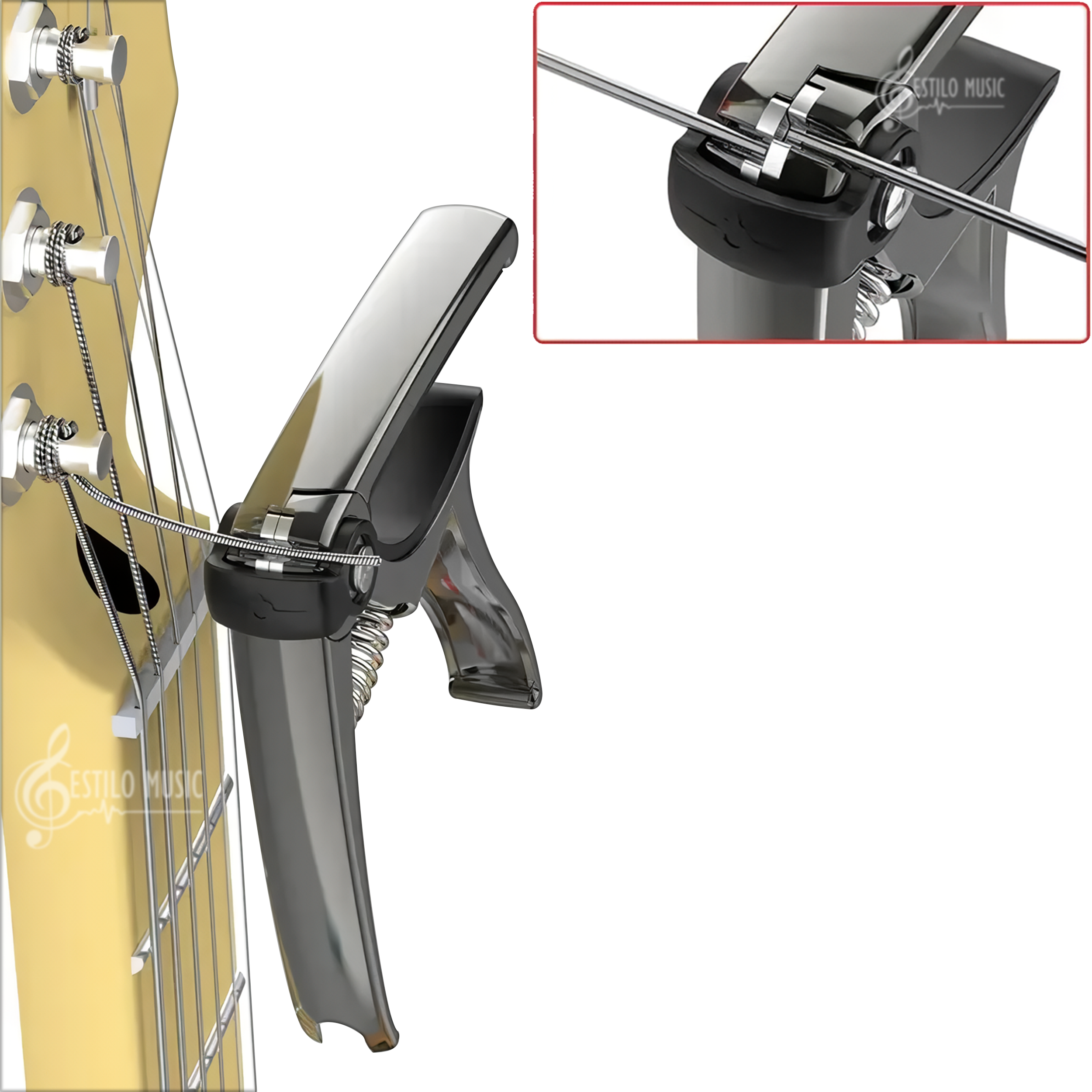 Capotraste Capo Guitarra 4-en-1: cejilla, corta cuerdas, quita pines y pick holder multifuncional para Guitarra, herramienta 4-en-1 que corta cuerdas, extrae pines, sujeta púas y funciona como capo BD01