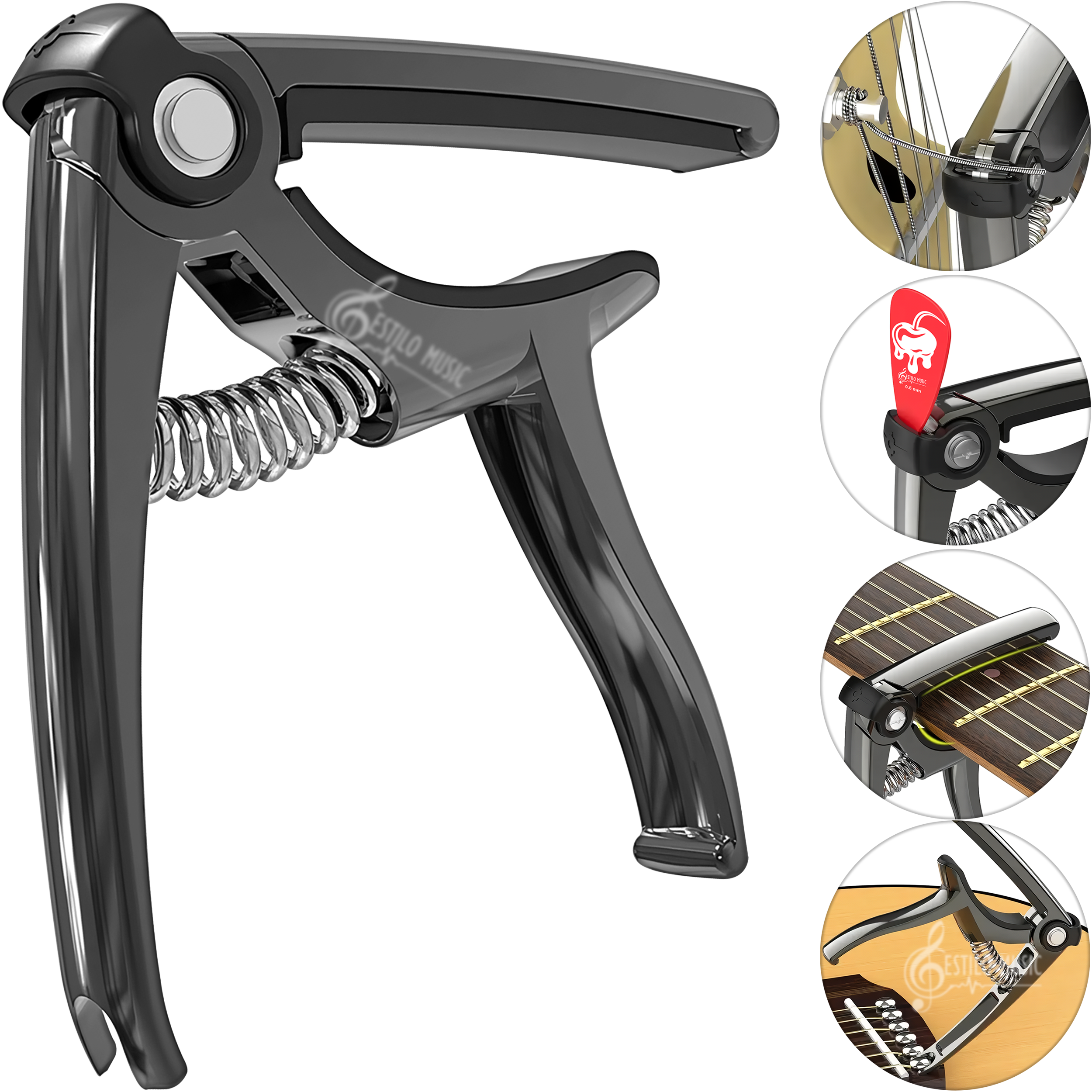 Capotraste Capo Guitarra 4-en-1: cejilla, corta cuerdas, quita pines y pick holder multifuncional para Guitarra, herramienta 4-en-1 que corta cuerdas, extrae pines, sujeta púas y funciona como capo BD01
