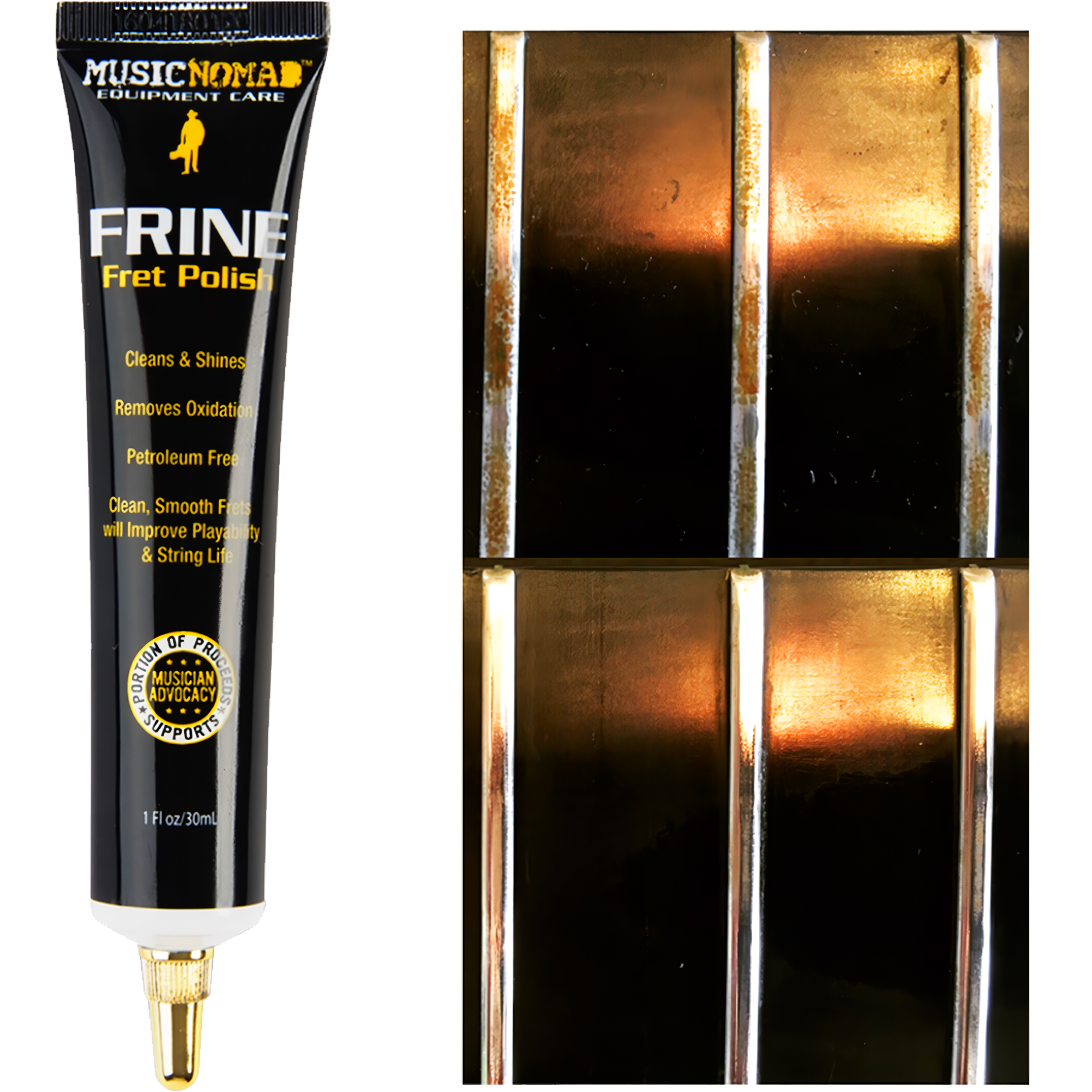 Limpiador de Trastes Guitarra MusicNomad FRINE MN124 – kit pulidor sin petróleo con guardas para diapasón y paño de microfibra