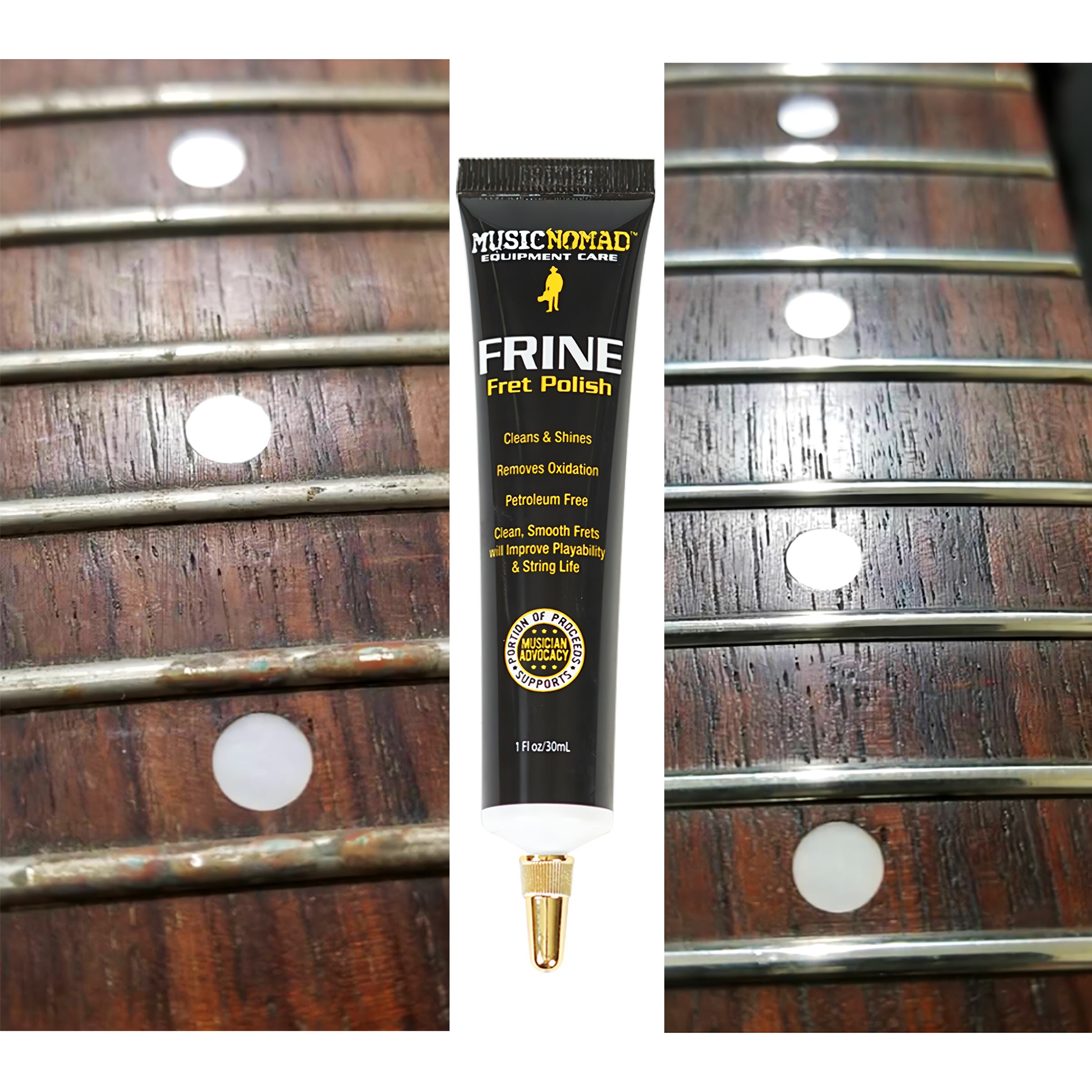 Limpiador de Trastes Guitarra MusicNomad FRINE MN124 – kit pulidor sin petróleo con guardas para diapasón y paño de microfibra