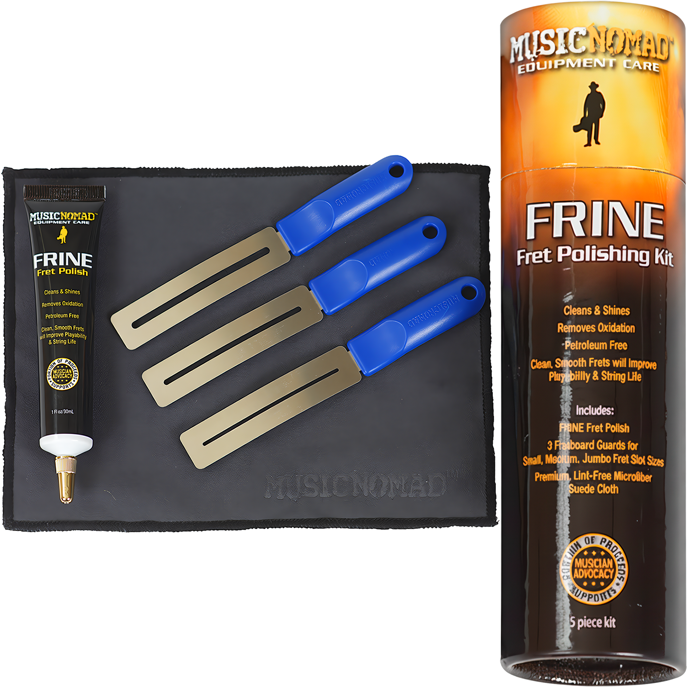 Limpiador de Trastes Guitarra MusicNomad FRINE MN124 – kit pulidor sin petróleo con guardas para diapasón y paño de microfibra