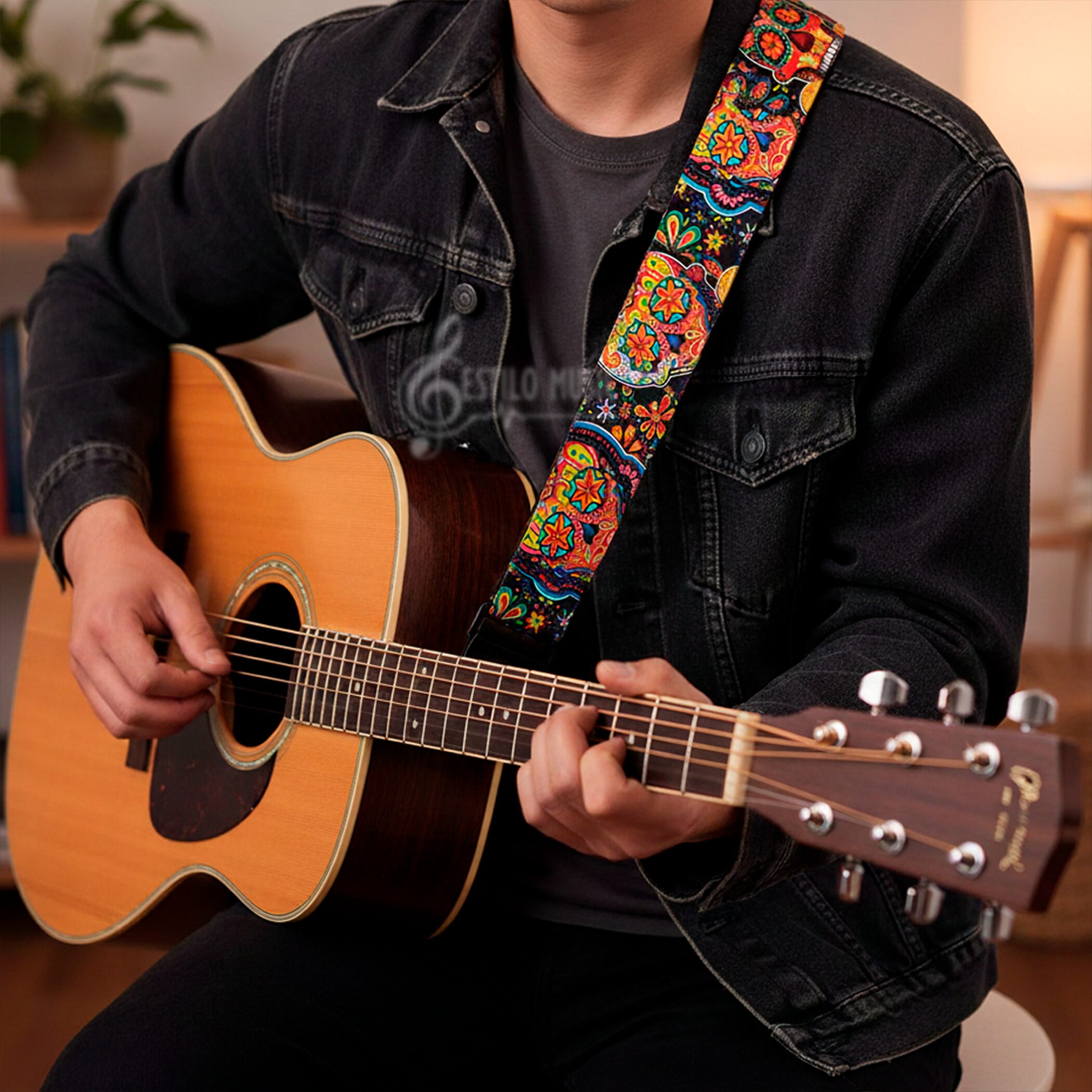 Tali Correa de Guitarra estampada edición especial con diseño de calavera mexicana, hecha de poliéster resistente con extremos de cuero PU y costuras reforzadas, ideal para guitarra acústica, eléctrica, bajo o ukelele CGMEX E1