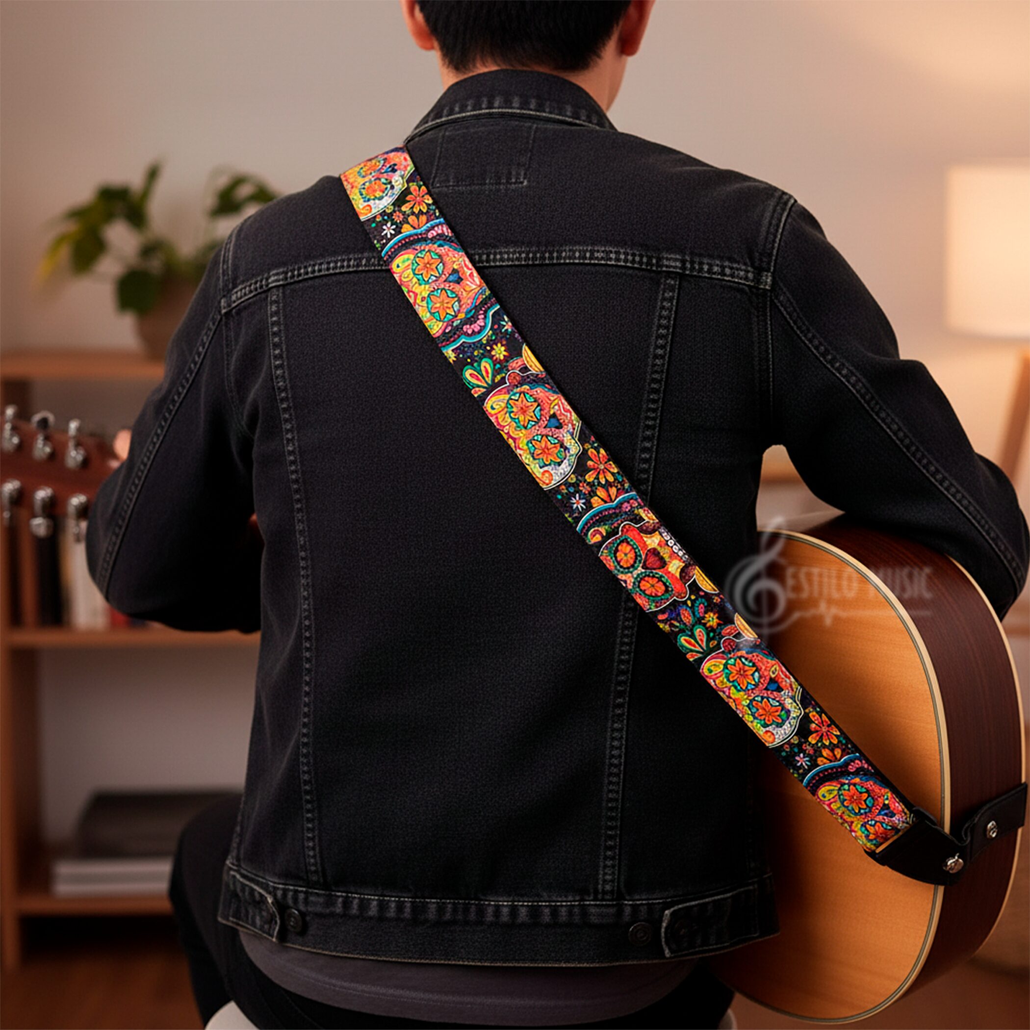 Tali Correa de Guitarra estampada edición especial con diseño de calavera mexicana, hecha de poliéster resistente con extremos de cuero PU y costuras reforzadas, ideal para guitarra acústica, eléctrica, bajo o ukelele CGMEX E1