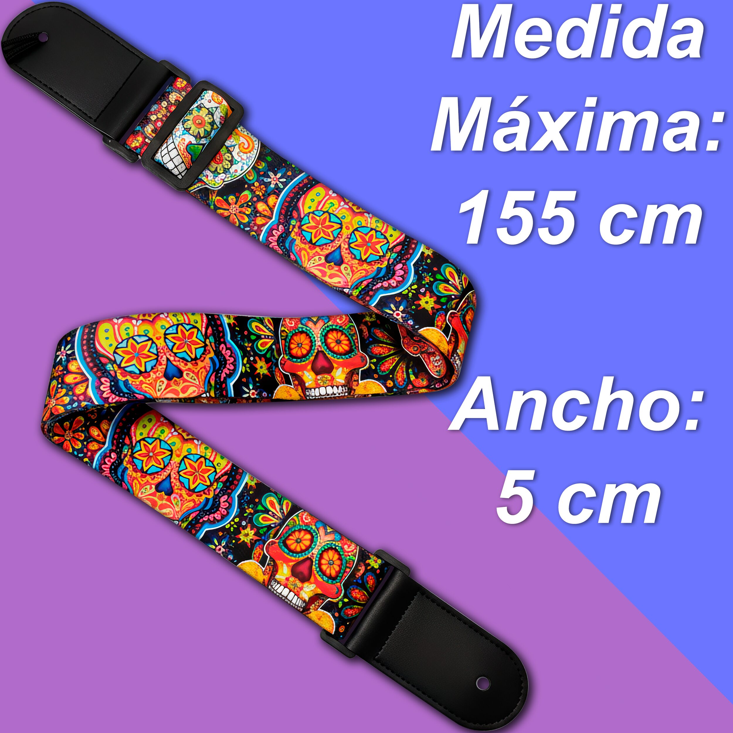 Tali Correa de Guitarra estampada edición especial con diseño de calavera mexicana, hecha de poliéster resistente con extremos de cuero PU y costuras reforzadas, ideal para guitarra acústica, eléctrica, bajo o ukelele CGMEX E1