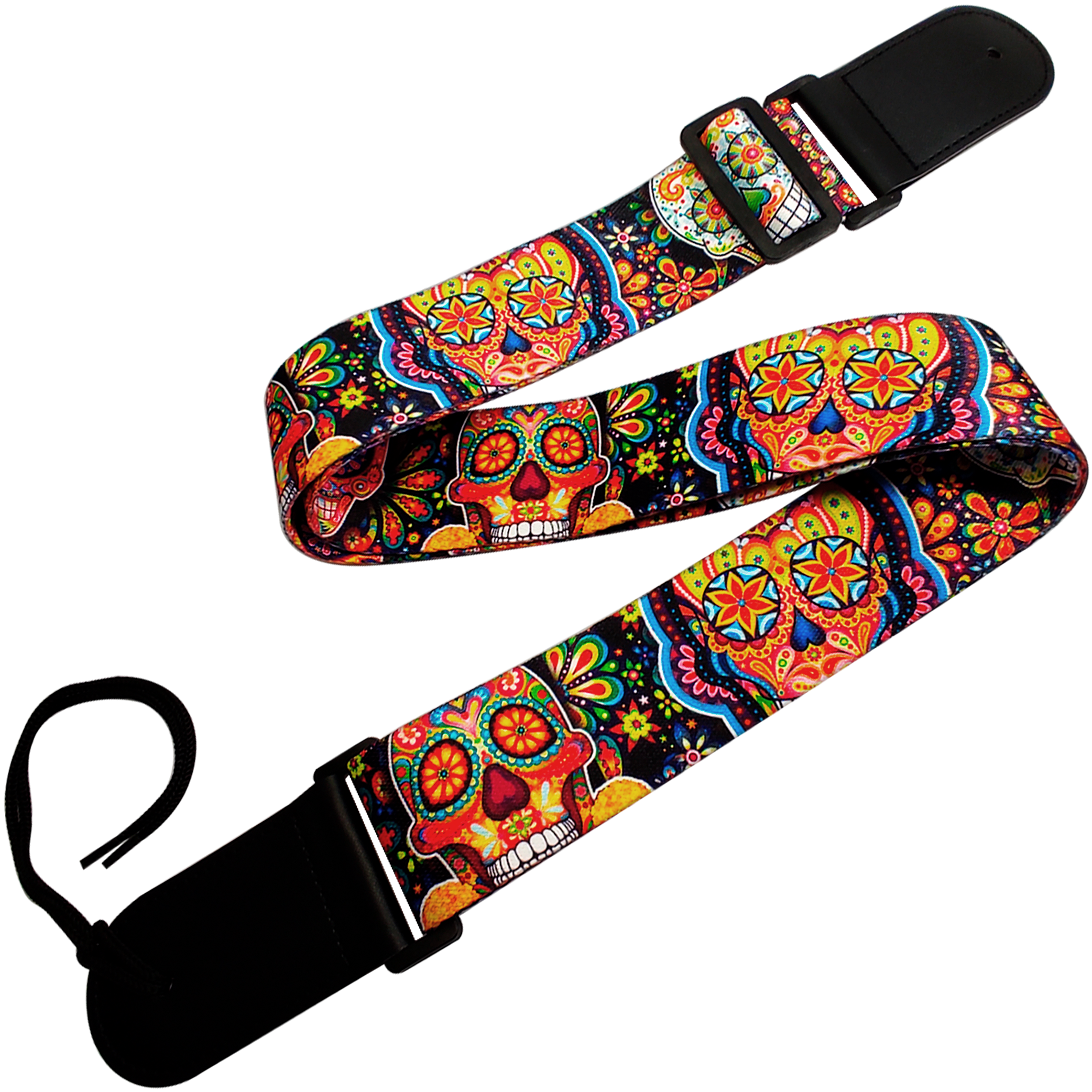 Tali Correa de Guitarra estampada edición especial con diseño de calavera mexicana, hecha de poliéster resistente con extremos de cuero PU y costuras reforzadas, ideal para guitarra acústica, eléctrica, bajo o ukelele CGMEX E1