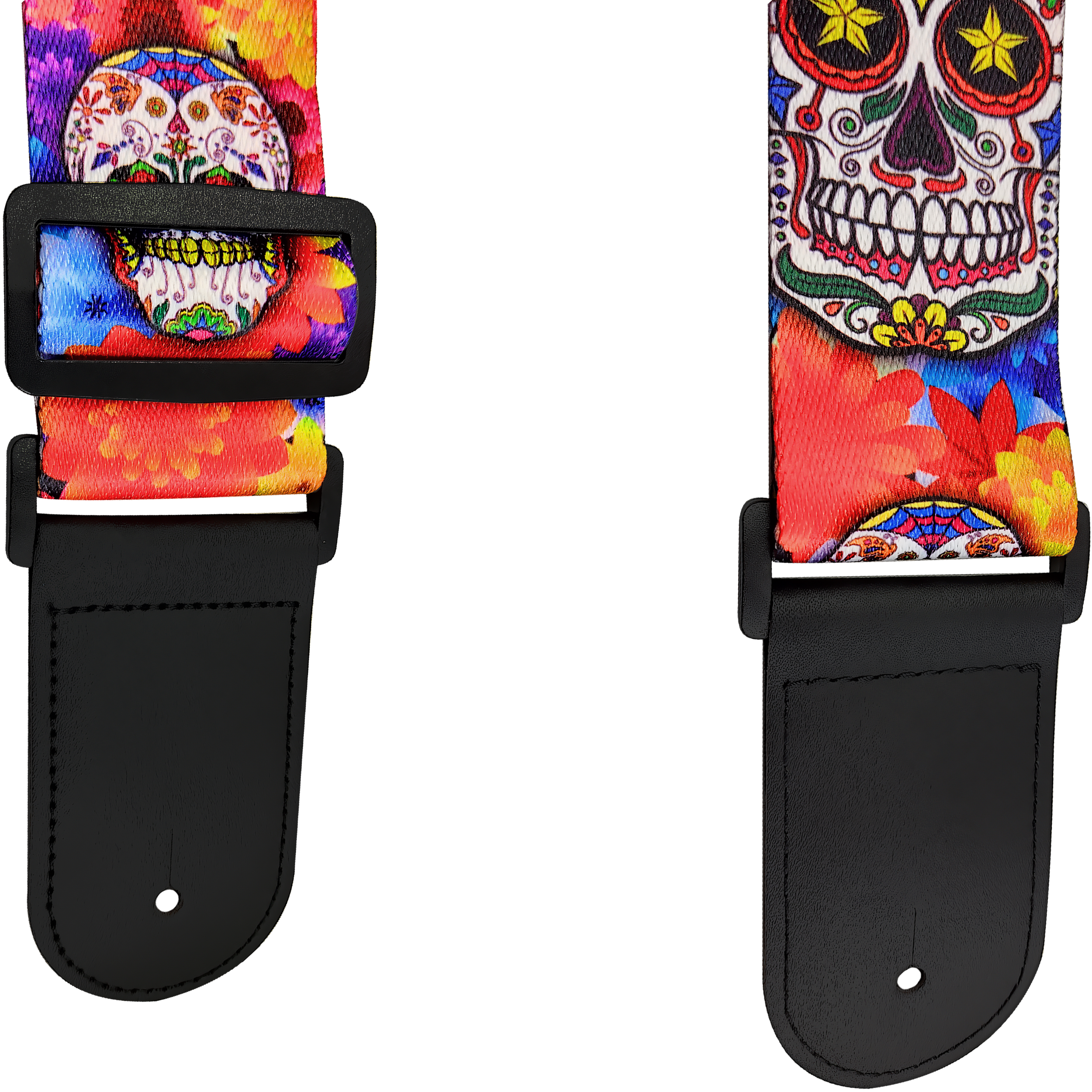 Tali Correa de Guitarra estampada edición especial con diseño de calavera mexicana, hecha de poliéster resistente con extremos de cuero PU y costuras reforzadas, ideal para guitarra acústica, eléctrica, bajo o ukelele CGMEX E2