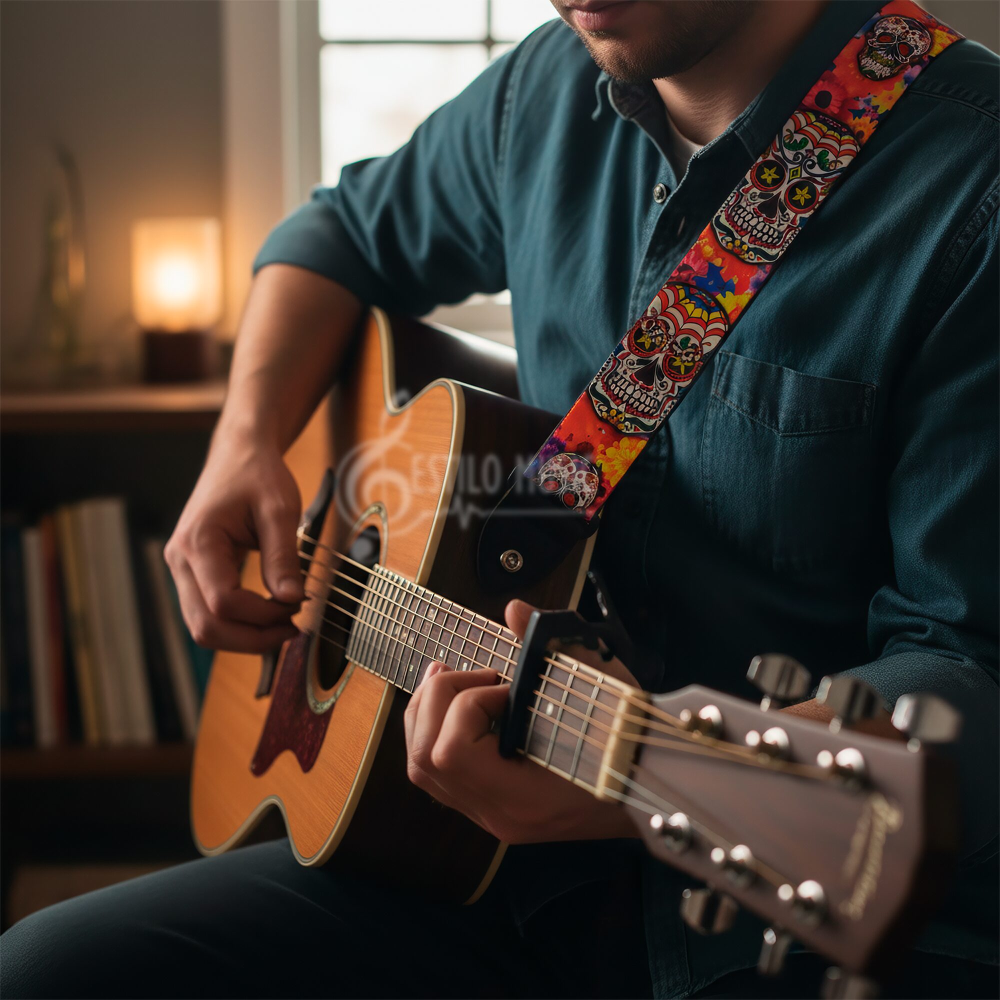 Tali Correa de Guitarra estampada edición especial con diseño de calavera mexicana, hecha de poliéster resistente con extremos de cuero PU y costuras reforzadas, ideal para guitarra acústica, eléctrica, bajo o ukelele CGMEX E2