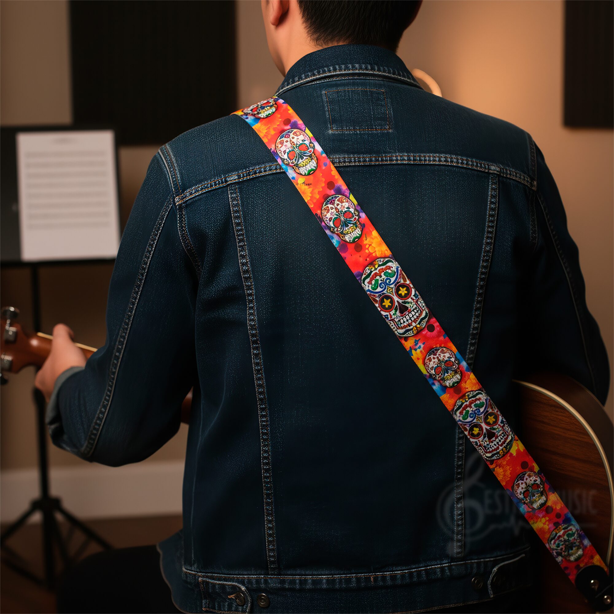 Tali Correa de Guitarra estampada edición especial con diseño de calavera mexicana, hecha de poliéster resistente con extremos de cuero PU y costuras reforzadas, ideal para guitarra acústica, eléctrica, bajo o ukelele CGMEX E2
