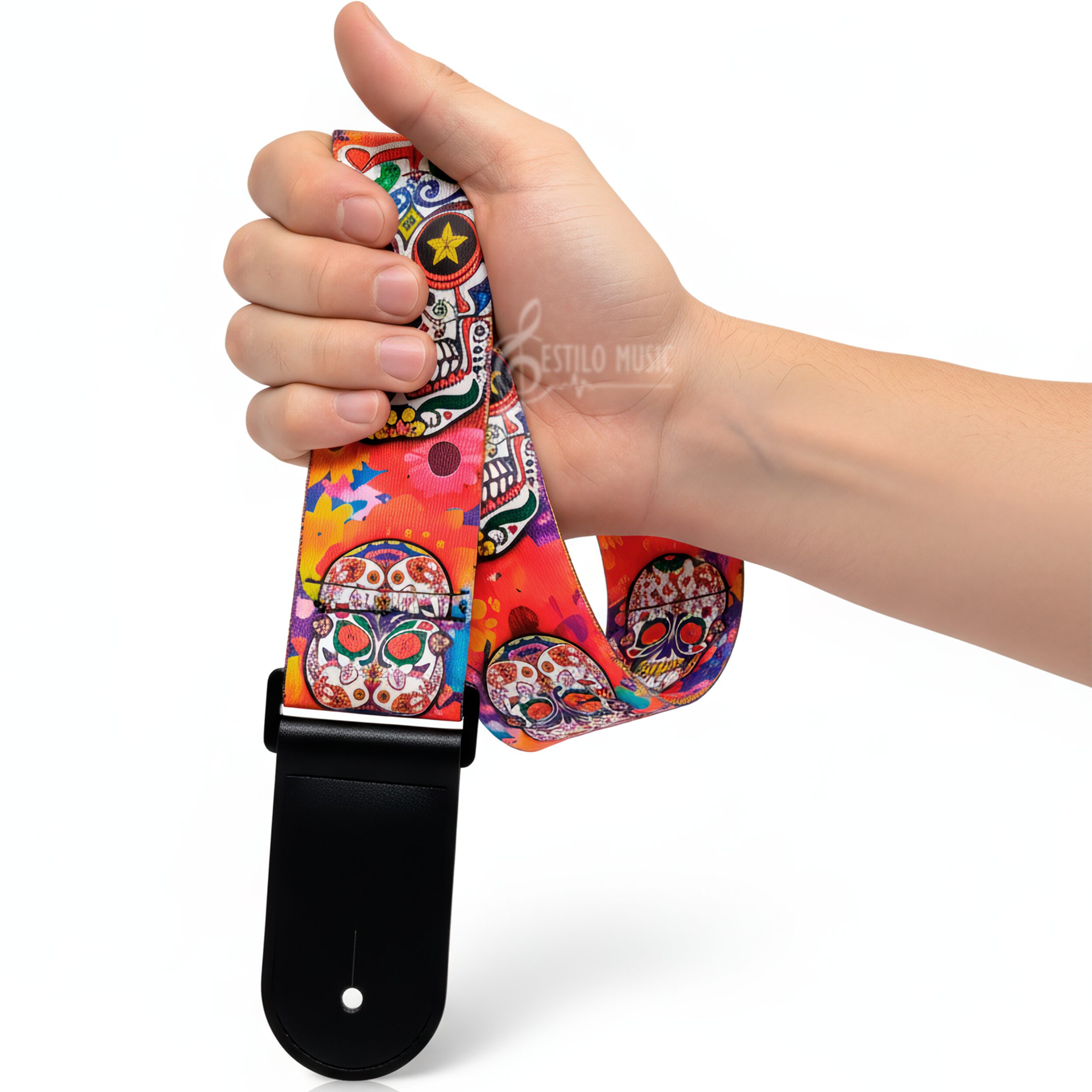 Tali Correa de Guitarra estampada edición especial con diseño de calavera mexicana, hecha de poliéster resistente con extremos de cuero PU y costuras reforzadas, ideal para guitarra acústica, eléctrica, bajo o ukelele CGMEX E2