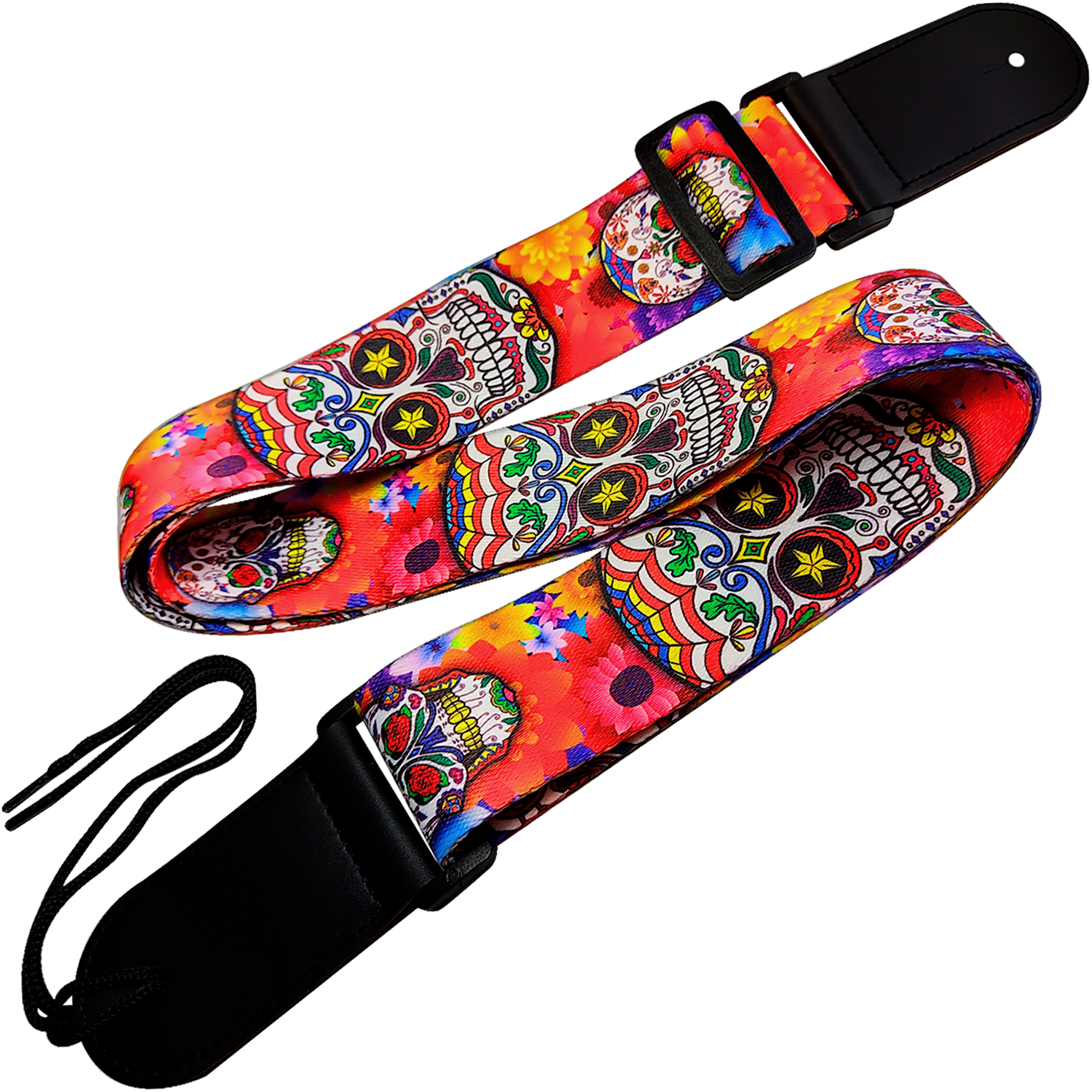 Tali Correa de Guitarra estampada edición especial con diseño de calavera mexicana, hecha de poliéster resistente con extremos de cuero PU y costuras reforzadas, ideal para guitarra acústica, eléctrica, bajo o ukelele CGMEX E2