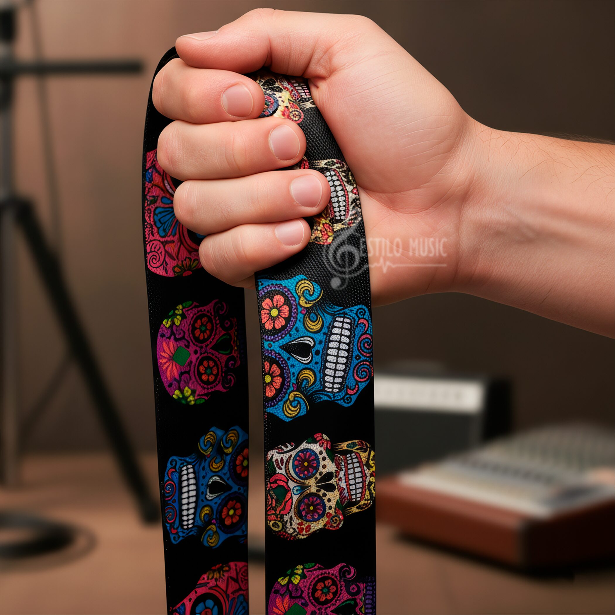 Tali Correa de Guitarra estampada edición especial con diseño de calavera mexicana, hecha de poliéster resistente con extremos de cuero PU y costuras reforzadas, ideal para guitarra acústica, eléctrica, bajo o ukelele CGMEX E3