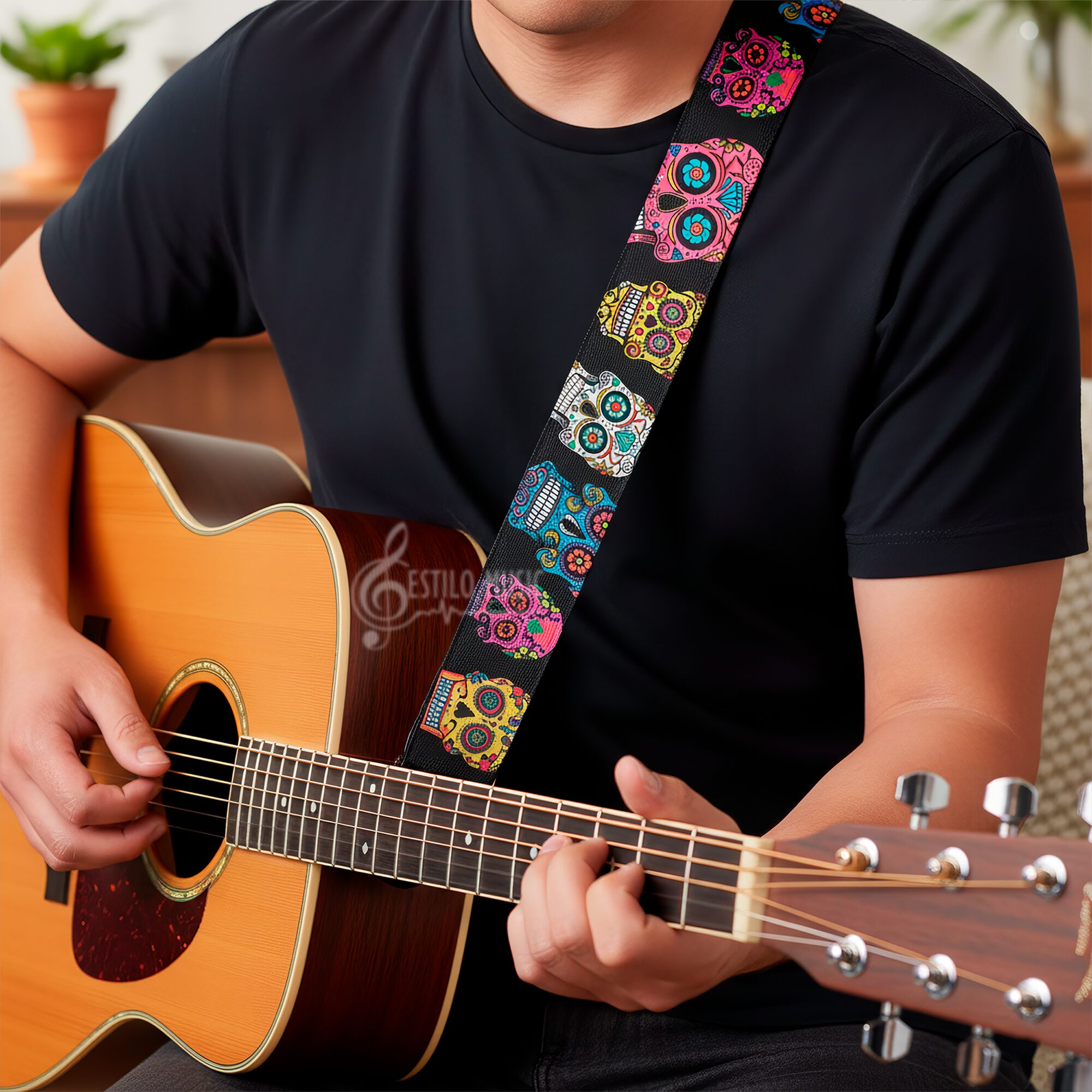 Tali Correa de Guitarra estampada edición especial con diseño de calavera mexicana, hecha de poliéster resistente con extremos de cuero PU y costuras reforzadas, ideal para guitarra acústica, eléctrica, bajo o ukelele CGMEX E3