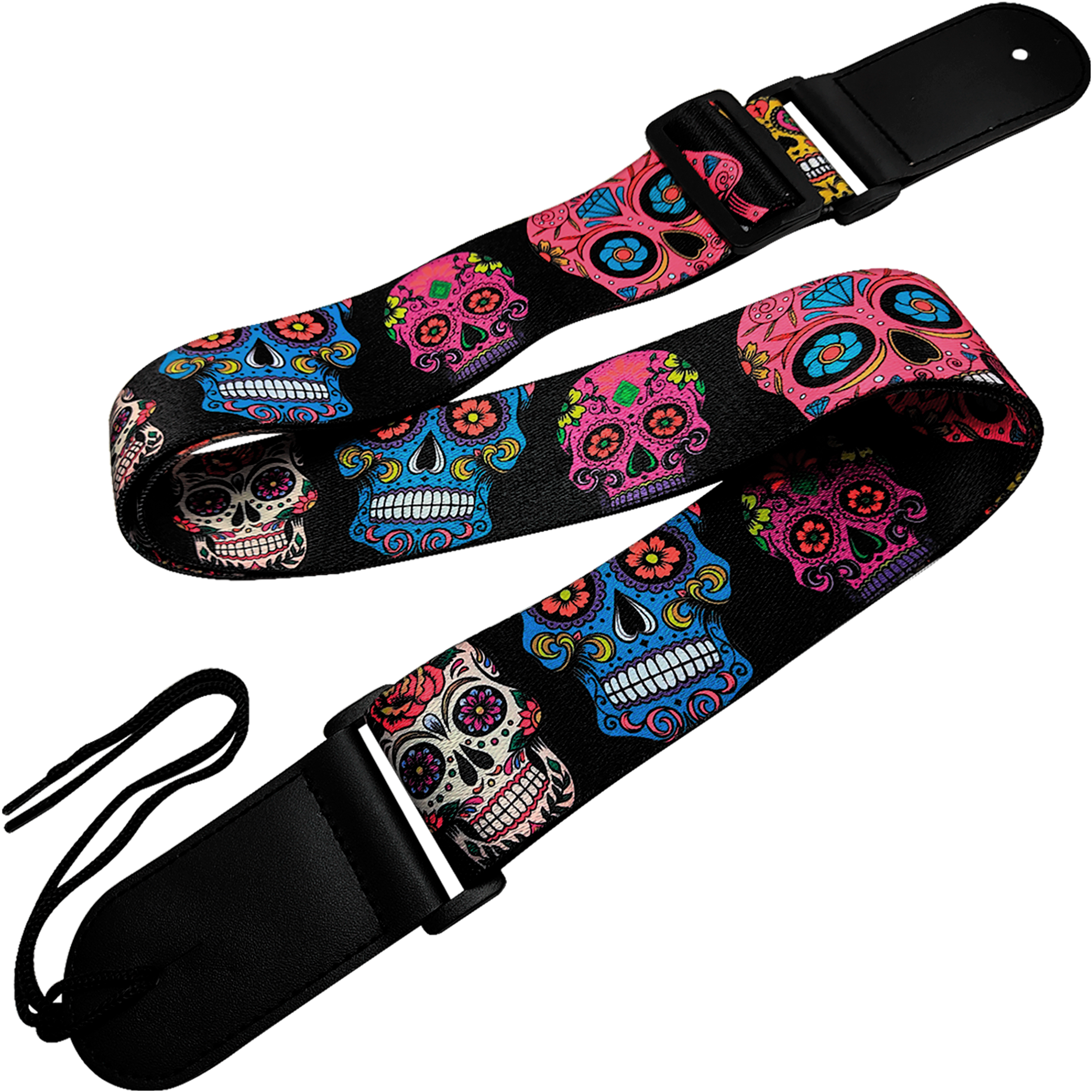 Tali Correa de Guitarra estampada edición especial con diseño de calavera mexicana, hecha de poliéster resistente con extremos de cuero PU y costuras reforzadas, ideal para guitarra acústica, eléctrica, bajo o ukelele CGMEX E3