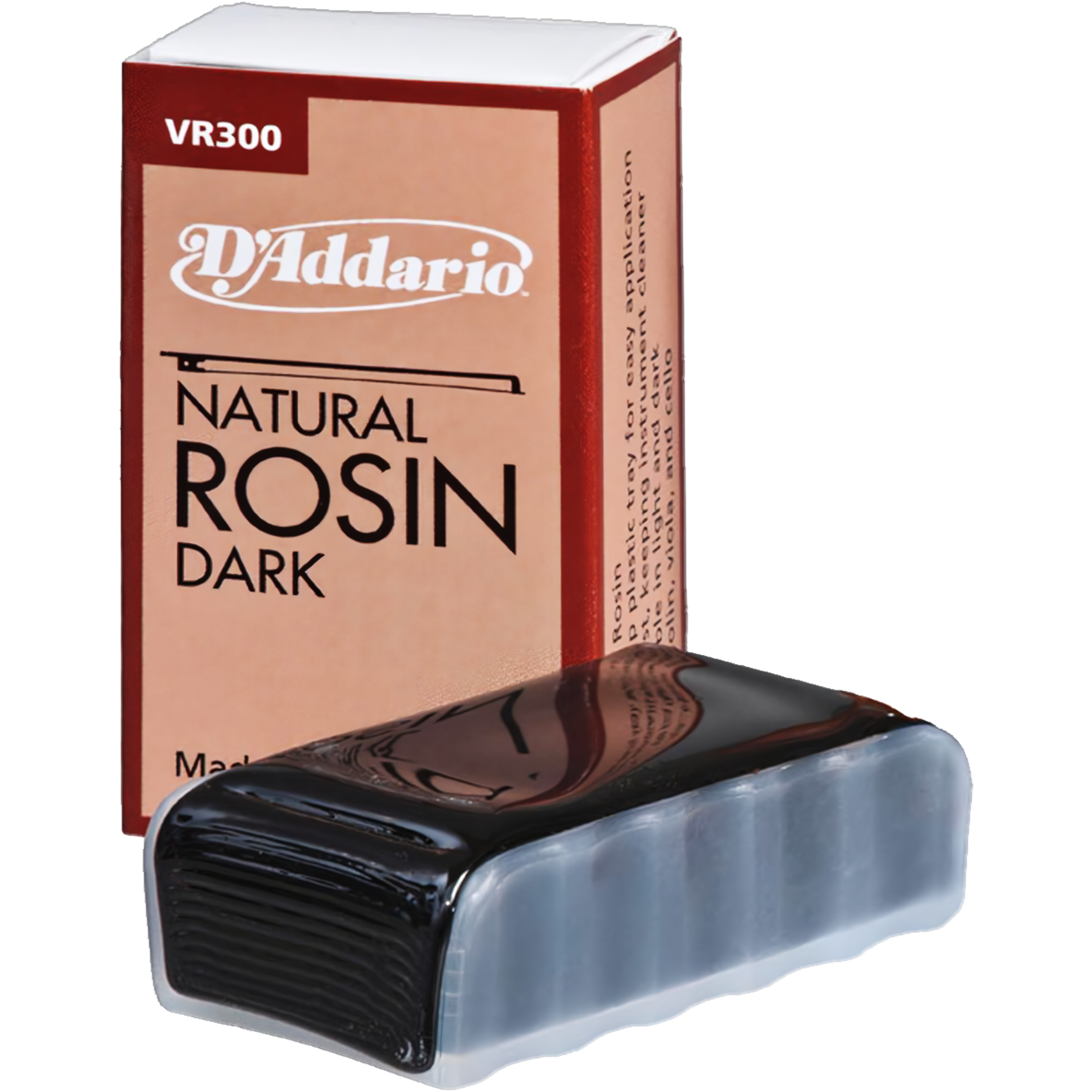 Brea Violin VR300 Daddario resina natural oscura con canal plástico para agarre fácil, ideal para crin o pelo sintético, fabricada en USA