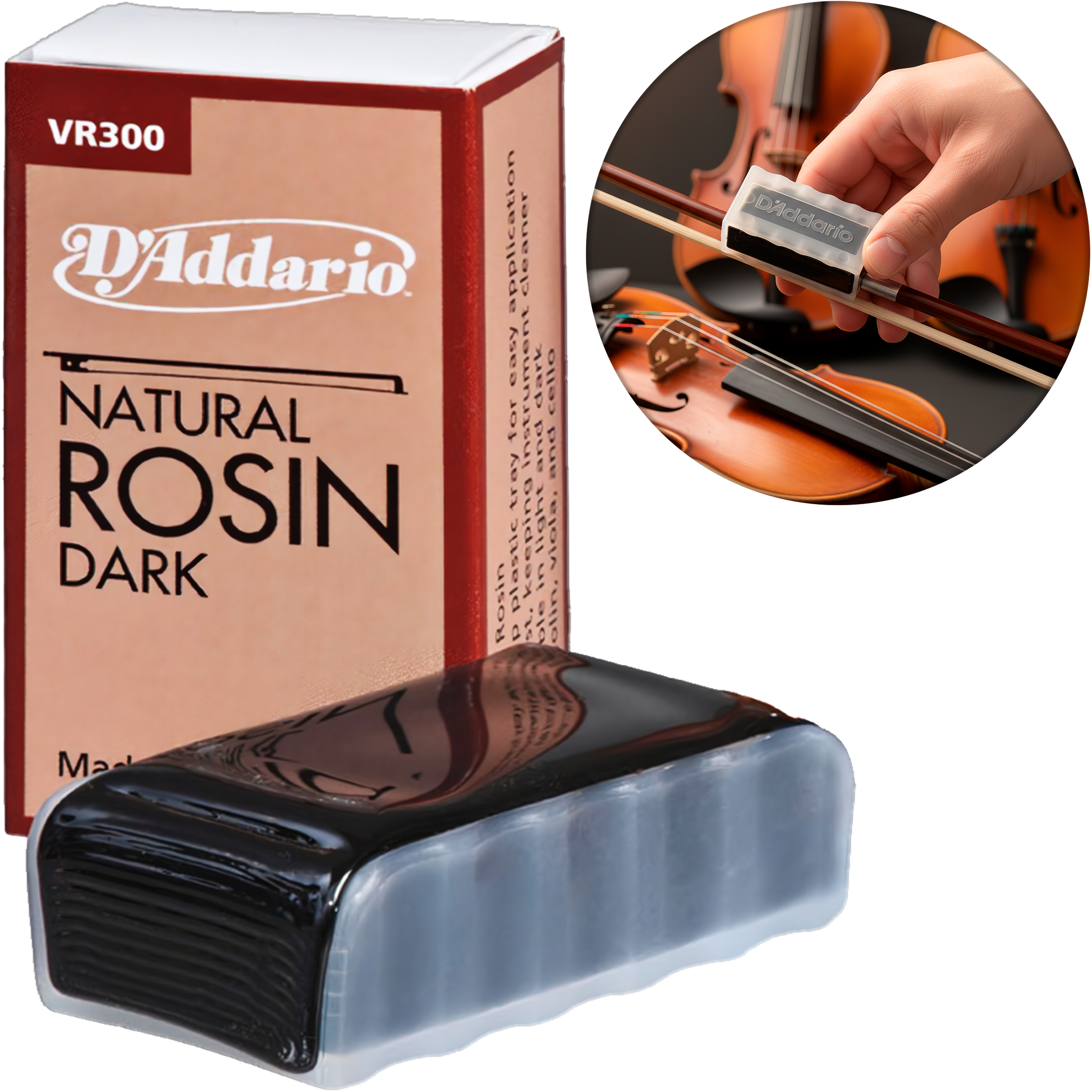 Brea Violin VR300 Daddario resina natural oscura con canal plástico para agarre fácil, ideal para crin o pelo sintético, fabricada en USA