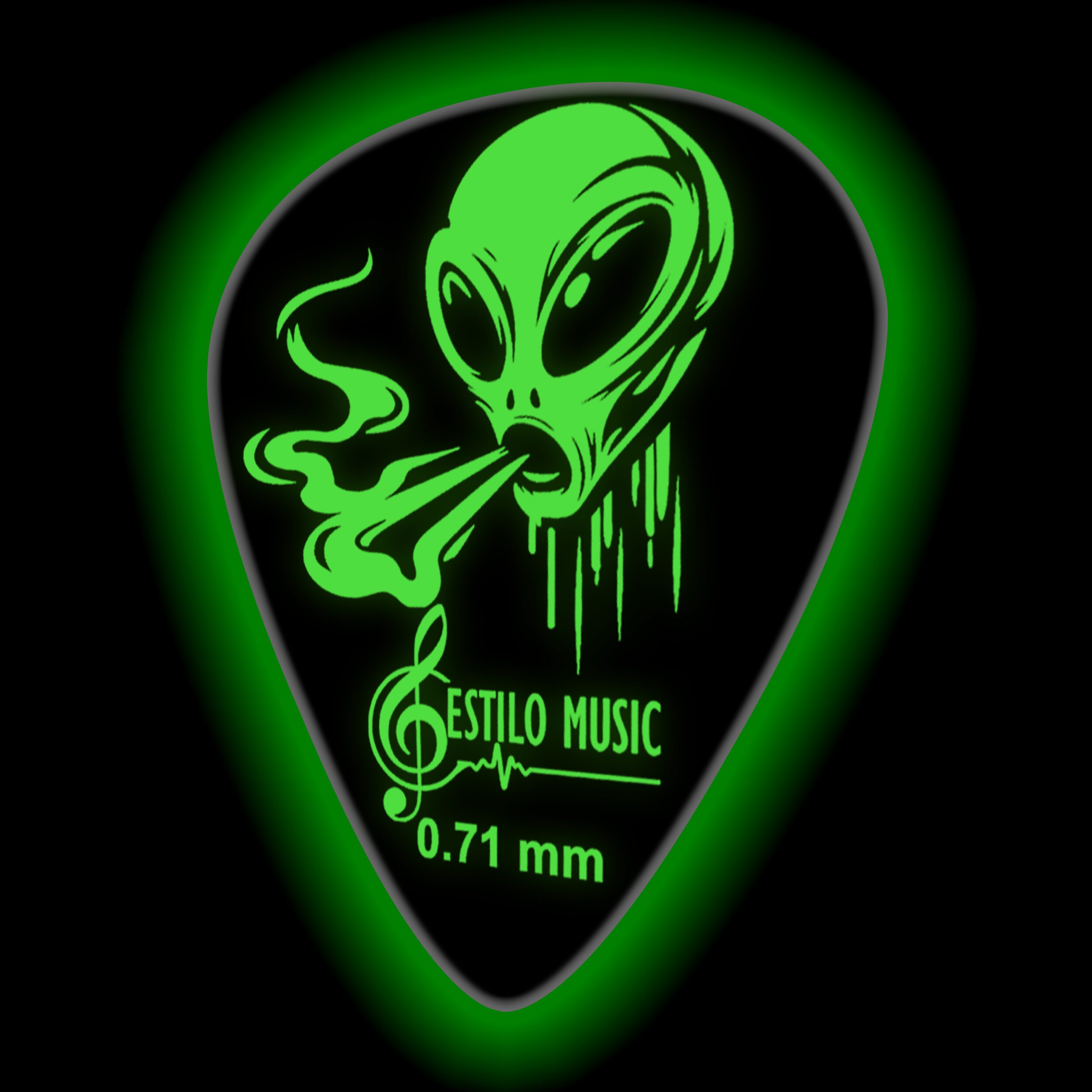 6 Plumillas Luminiscente Brilla Alien Toxic marca Estilo Music, púas de guitarra hechas de celuloide resistente, con máxima memoria, mínimo desgaste y efecto fluorescente que brilla en la oscuridad. PAT6