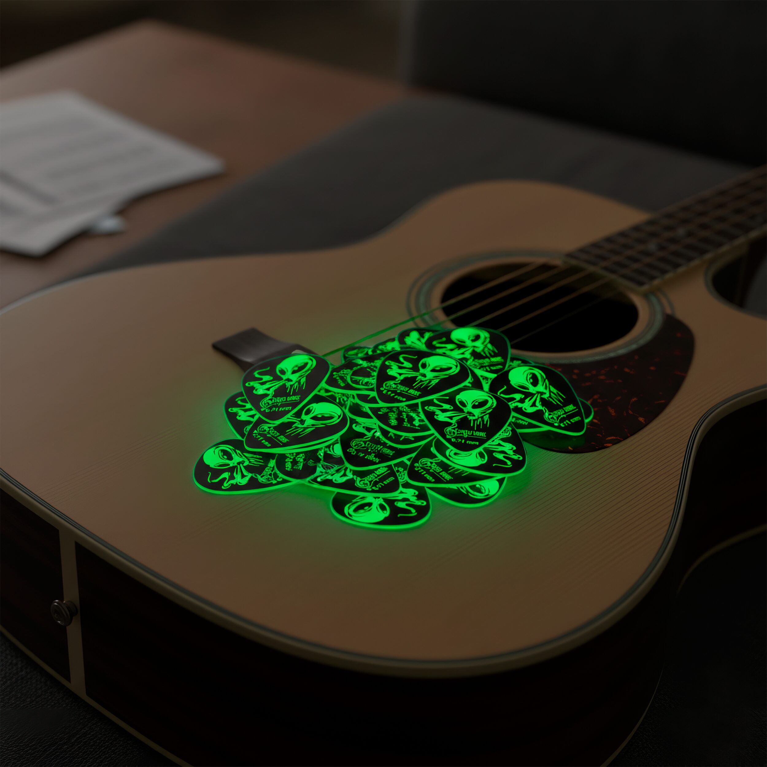 6 Plumillas Luminiscente Brilla Alien Toxic marca Estilo Music, púas de guitarra hechas de celuloide resistente, con máxima memoria, mínimo desgaste y efecto fluorescente que brilla en la oscuridad. PAT6