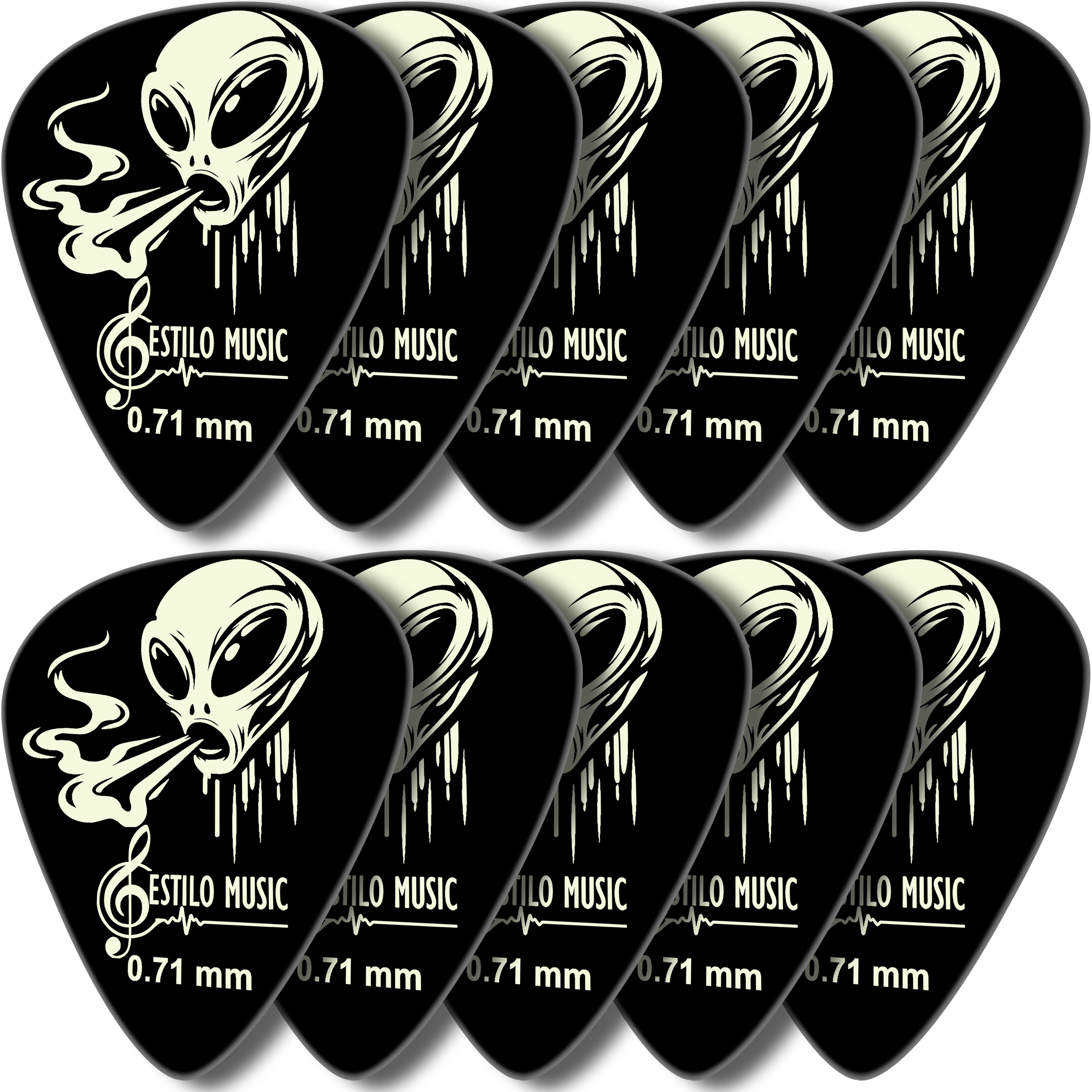 6 Plumillas Luminiscente Brilla Alien Toxic marca Estilo Music, púas de guitarra hechas de celuloide resistente, con máxima memoria, mínimo desgaste y efecto fluorescente que brilla en la oscuridad. PAT6