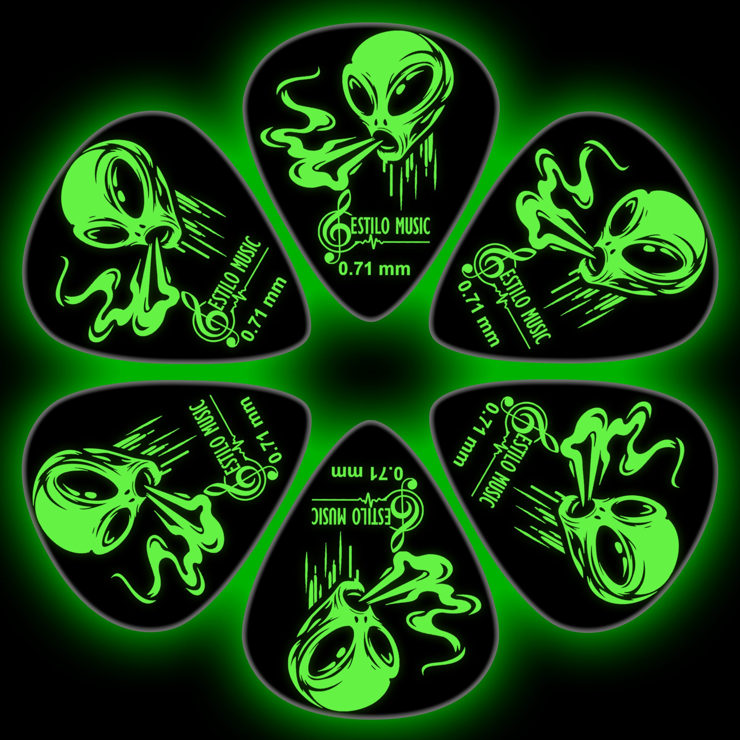 6 Plumillas Luminiscente Brilla Alien Toxic marca Estilo Music, púas de guitarra hechas de celuloide resistente, con máxima memoria, mínimo desgaste y efecto fluorescente que brilla en la oscuridad. PAT6