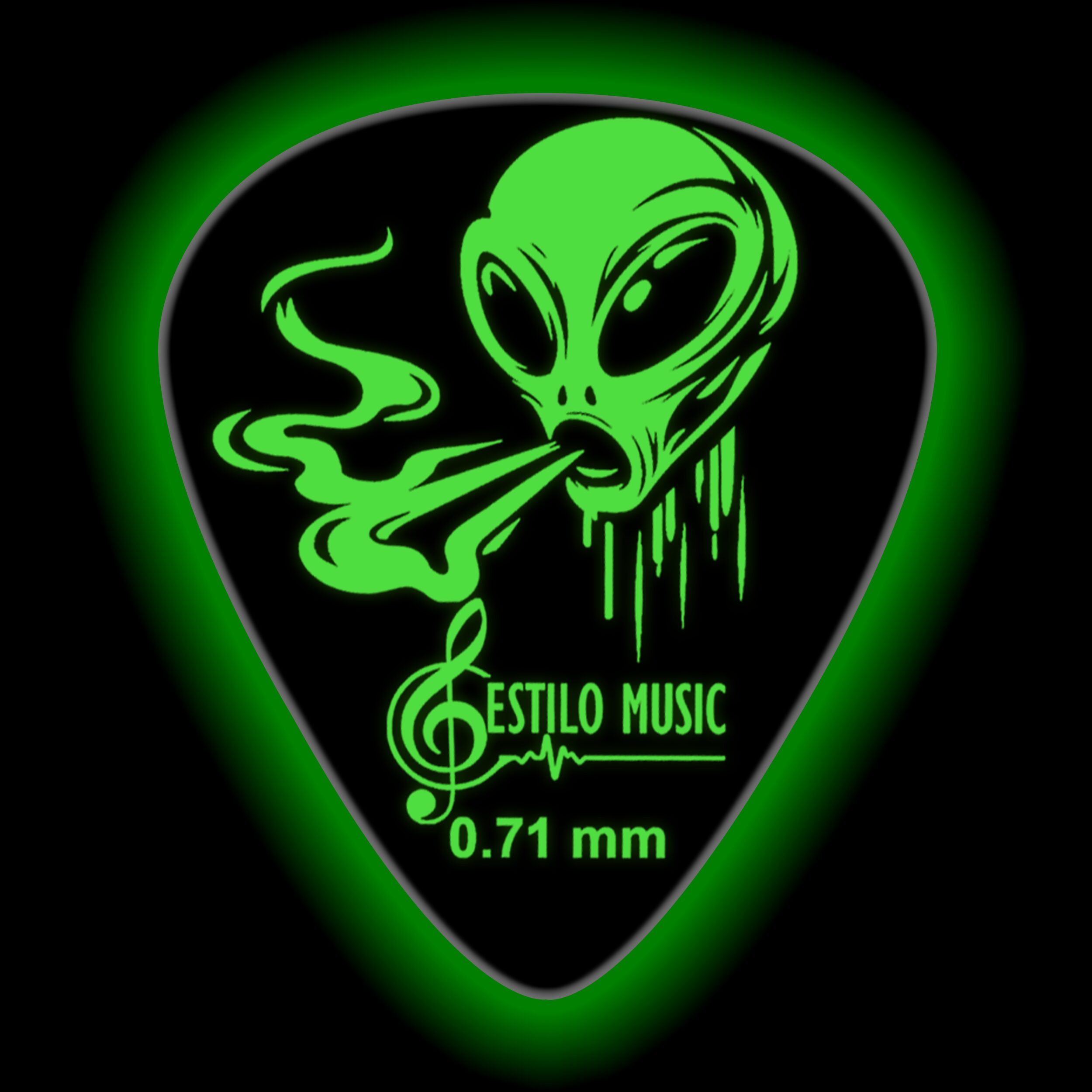 6 Plumillas Luminiscente Brilla Alien Toxic marca Estilo Music, púas de guitarra hechas de celuloide resistente, con máxima memoria, mínimo desgaste y efecto fluorescente que brilla en la oscuridad. PAT6