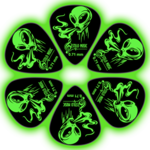 6 Plumillas Luminiscente Brilla Alien Toxic marca Estilo Music, púas de guitarra hechas de celuloide resistente, con máxima memoria, mínimo desgaste y efecto fluorescente que brilla en la oscuridad. PAT6