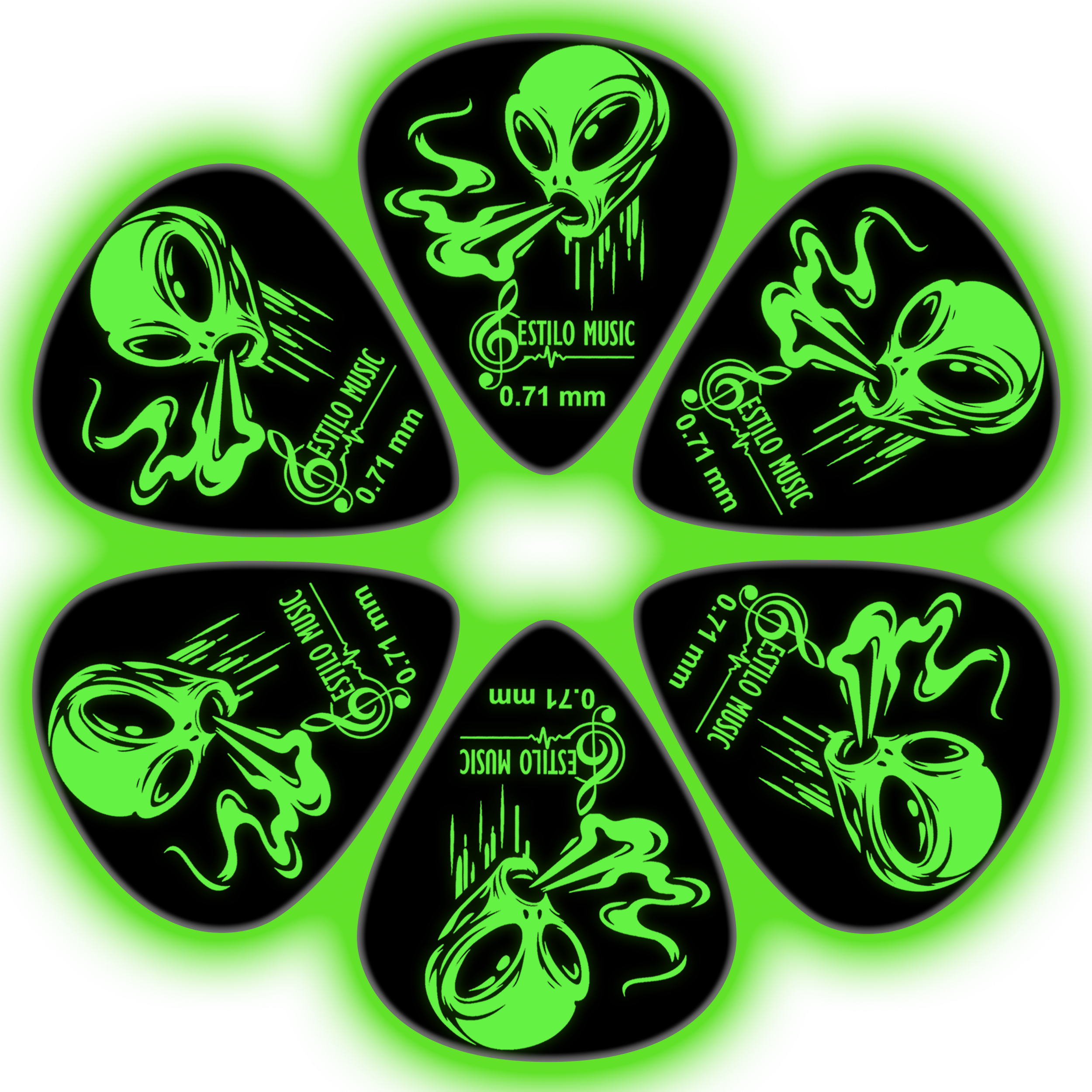 6 Plumillas Luminiscente Brilla Alien Toxic marca Estilo Music, púas de guitarra hechas de celuloide resistente, con máxima memoria, mínimo desgaste y efecto fluorescente que brilla en la oscuridad. PAT6