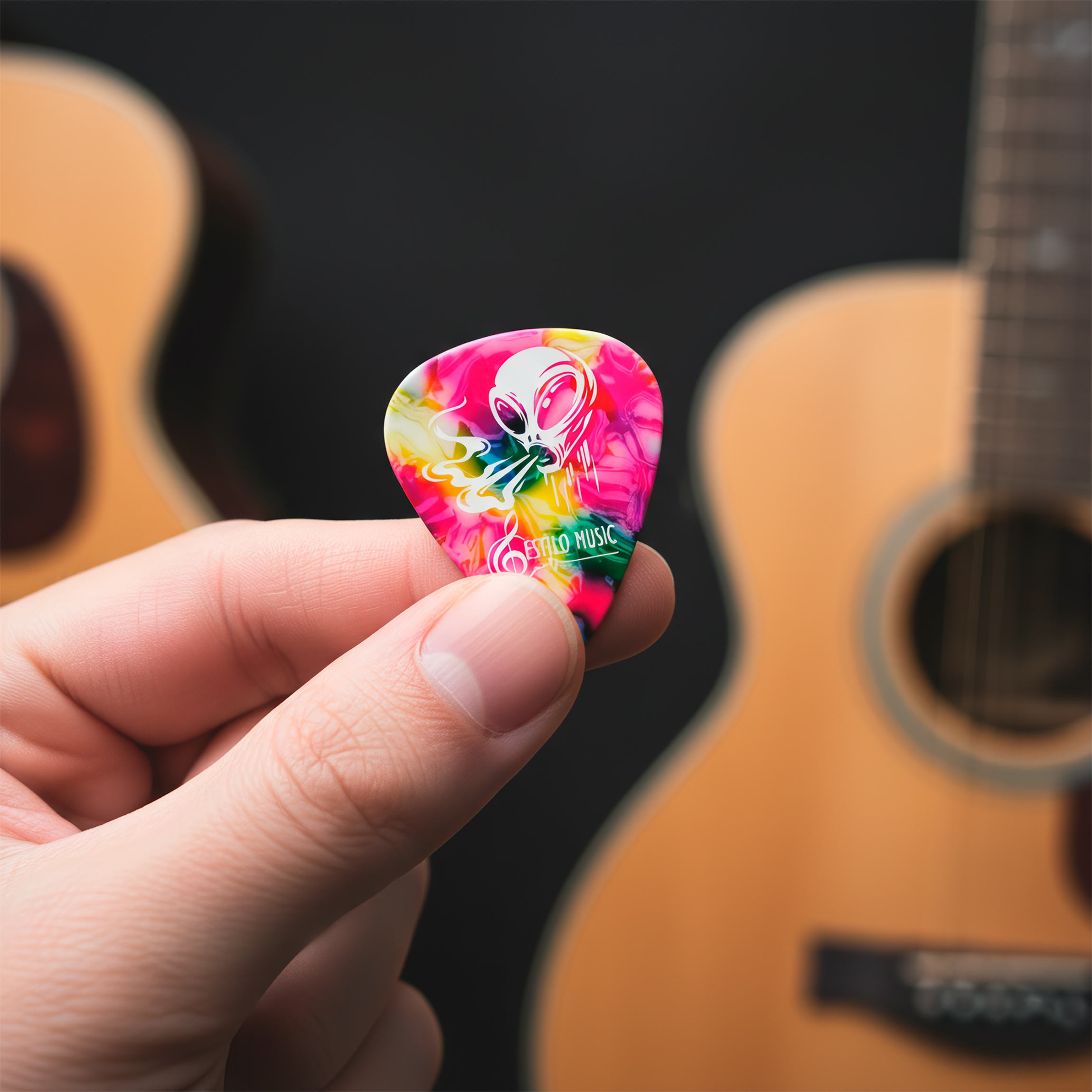 Set de 10 Puas Guitarra Celuloide Alien Toxic marca Estilo Music, colección Alien Toxic con colores aleatorios, fabricadas en celuloide resistente con máxima memoria y mínimo desgaste. PCT10