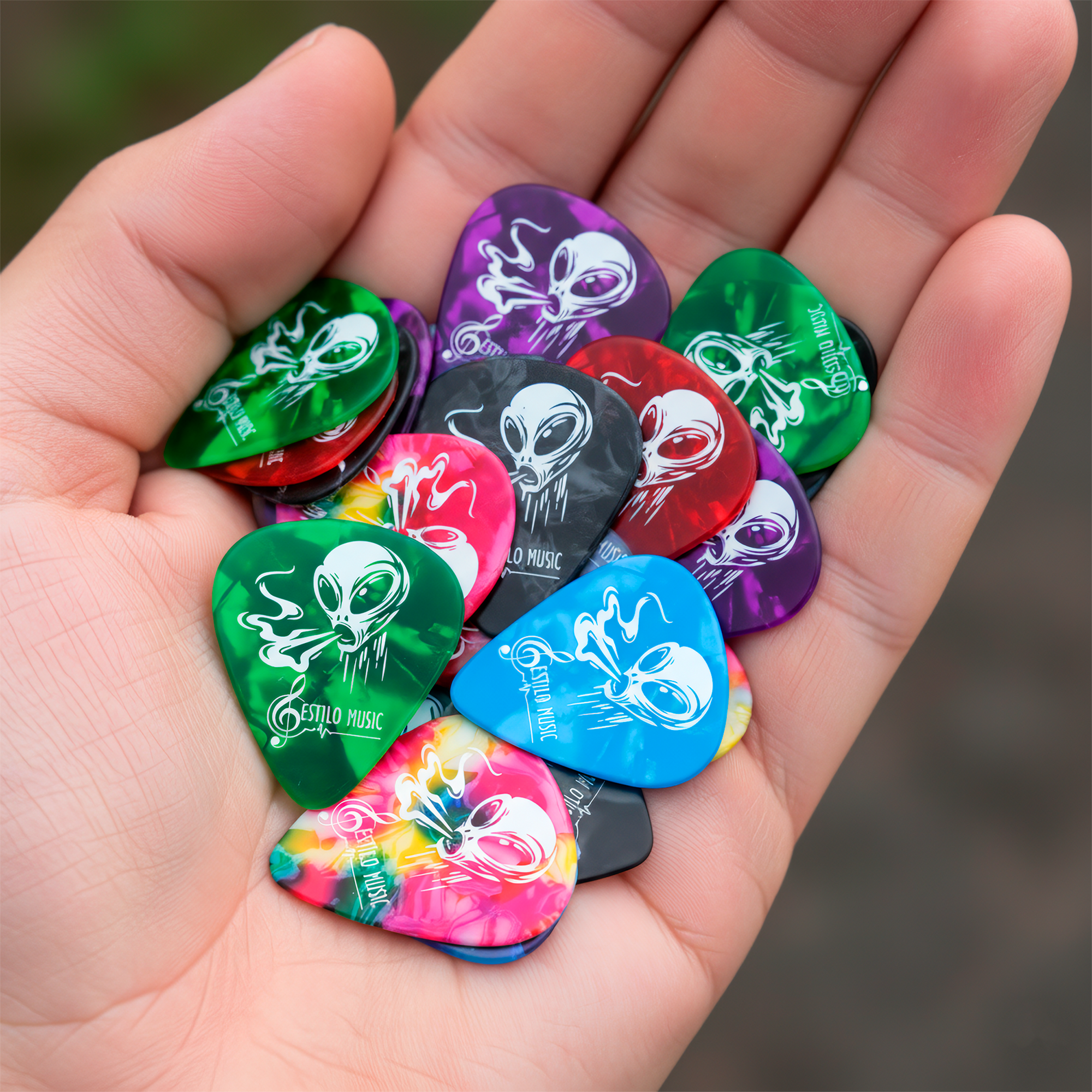 Set de 10 Puas Guitarra Celuloide Alien Toxic marca Estilo Music, colección Alien Toxic con colores aleatorios, fabricadas en celuloide resistente con máxima memoria y mínimo desgaste. PCT10