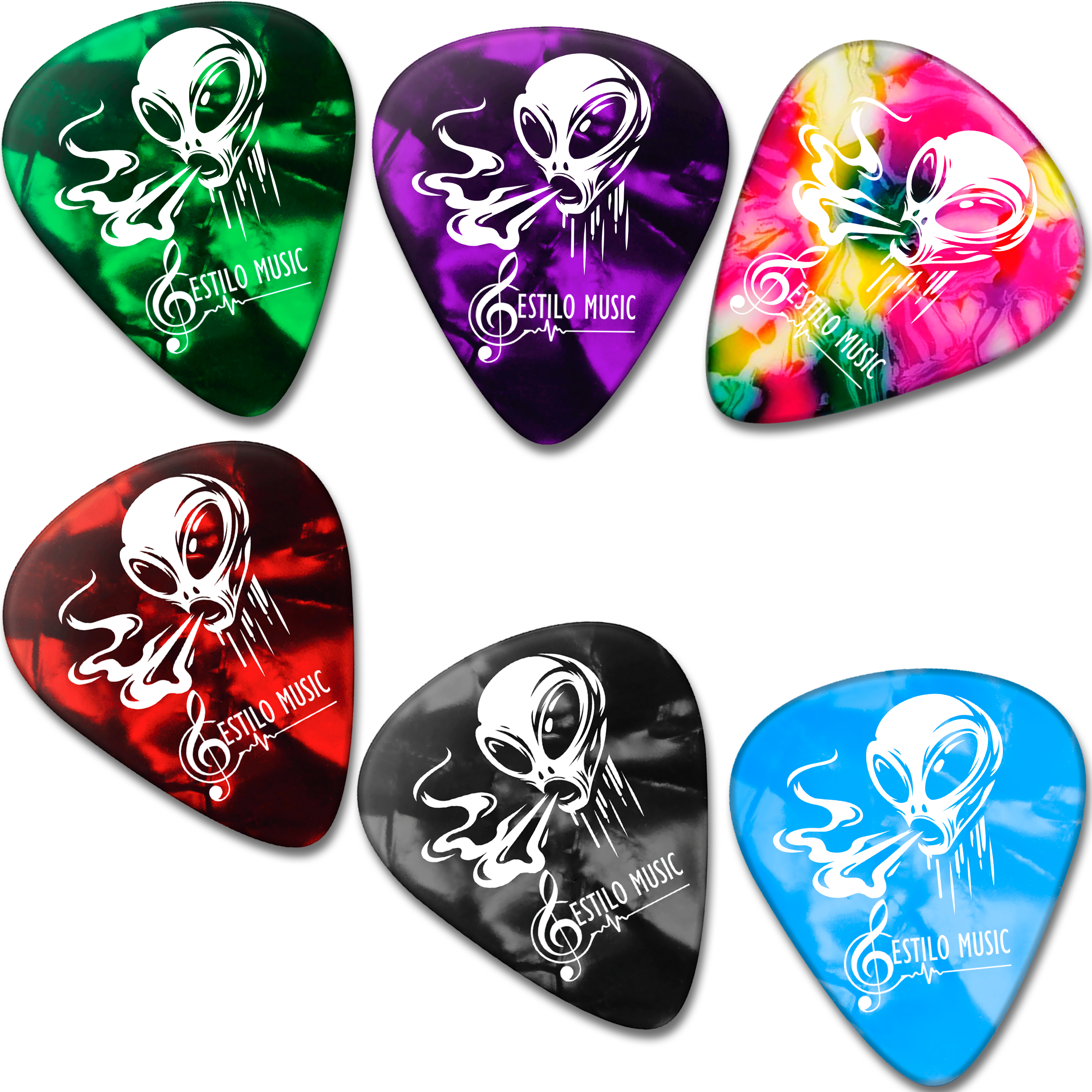 Set de 10 Puas Guitarra Celuloide Alien Toxic marca Estilo Music, colección Alien Toxic con colores aleatorios, fabricadas en celuloide resistente con máxima memoria y mínimo desgaste. PCT10