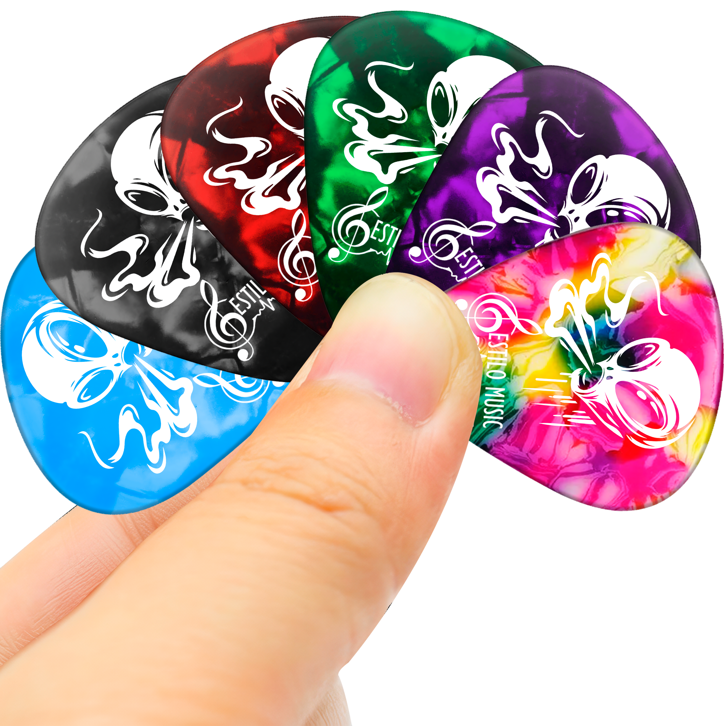 Set de 10 Puas Guitarra Celuloide Alien Toxic marca Estilo Music, colección Alien Toxic con colores aleatorios, fabricadas en celuloide resistente con máxima memoria y mínimo desgaste. PCT10