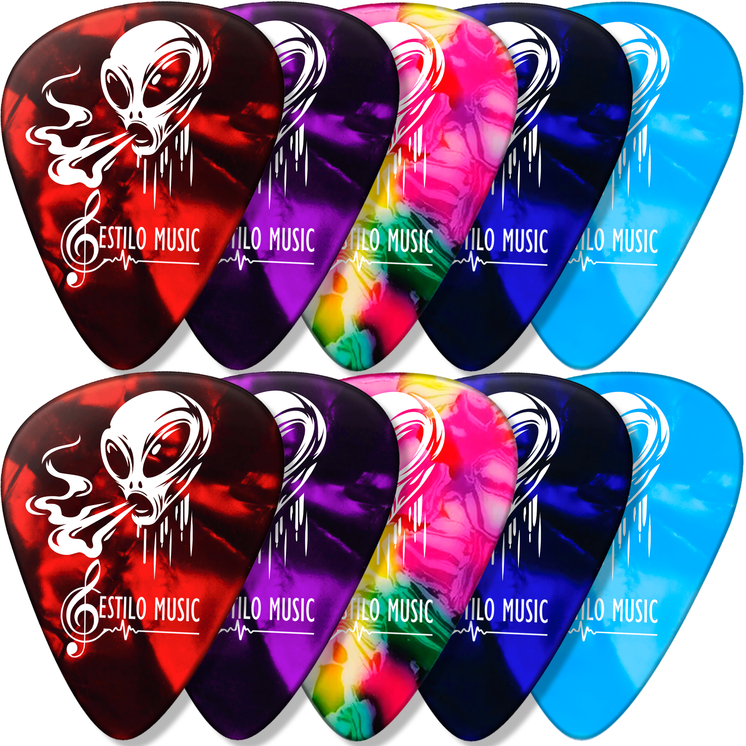 Set de 10 Puas Guitarra Celuloide Alien Toxic marca Estilo Music, colección Alien Toxic con colores aleatorios, fabricadas en celuloide resistente con máxima memoria y mínimo desgaste. PCT10