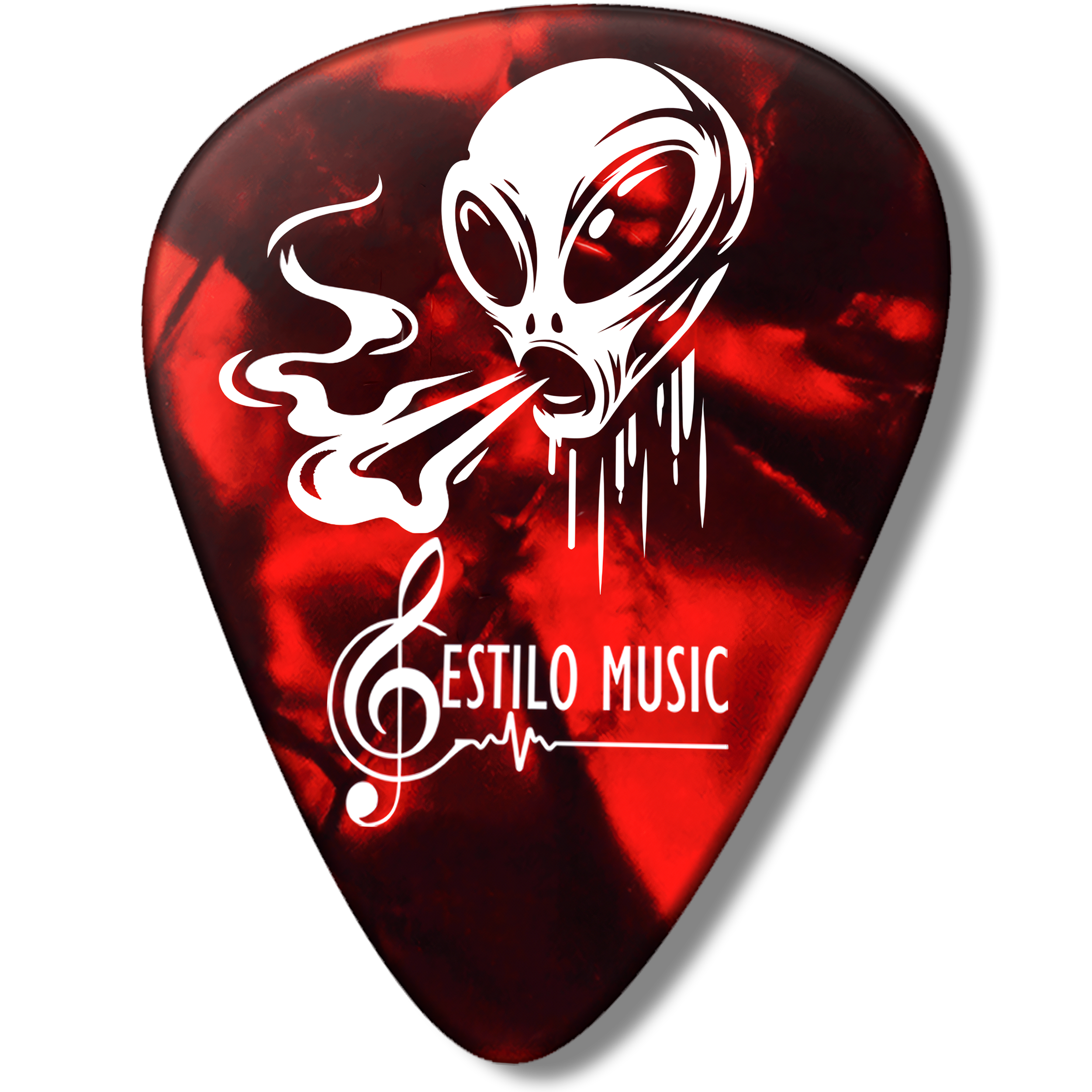 Set de 10 Puas Guitarra Celuloide Alien Toxic marca Estilo Music, colección Alien Toxic con colores aleatorios, fabricadas en celuloide resistente con máxima memoria y mínimo desgaste. PCT10