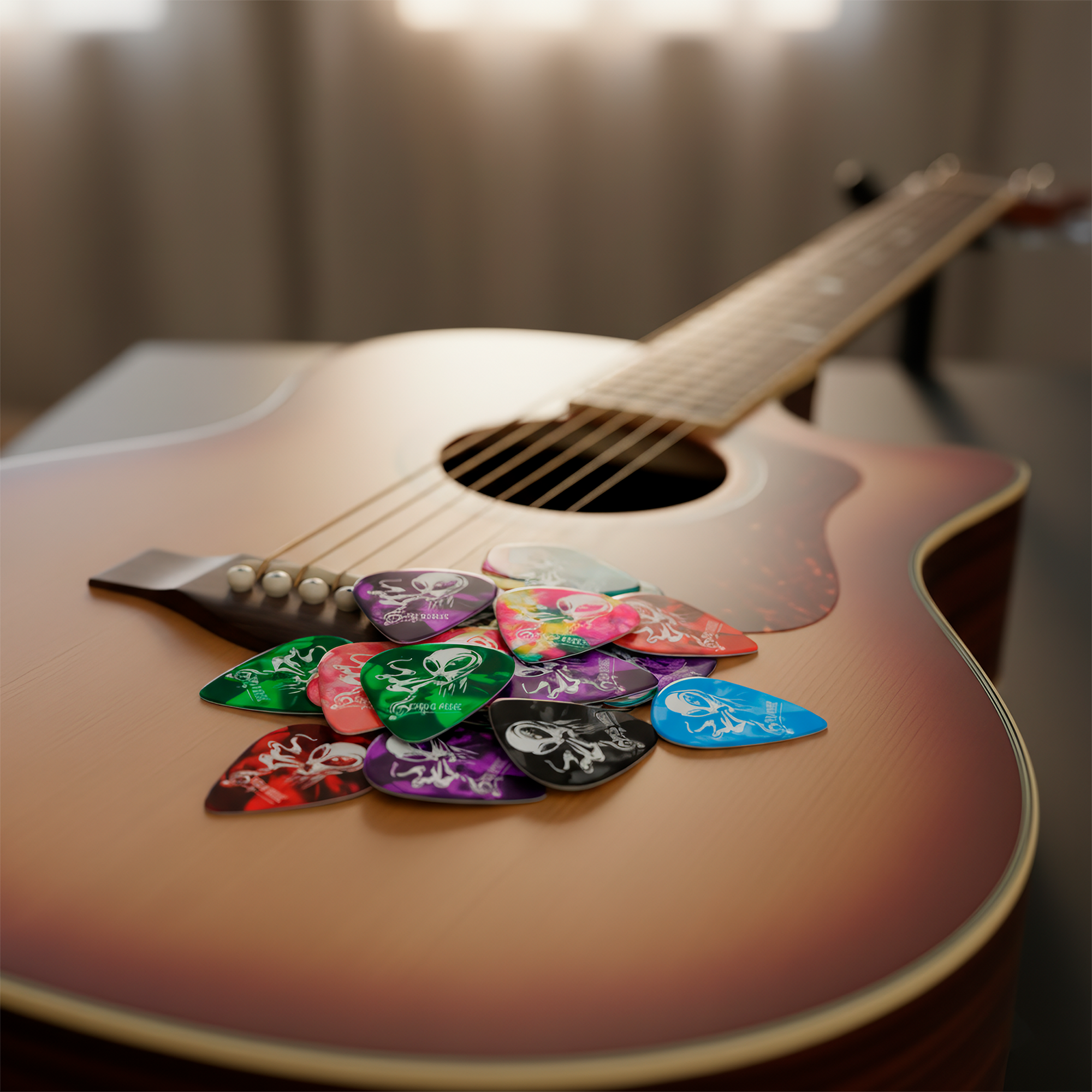 Set de 10 Puas Guitarra Celuloide Alien Toxic marca Estilo Music, colección Alien Toxic con colores aleatorios, fabricadas en celuloide resistente con máxima memoria y mínimo desgaste. PCT10