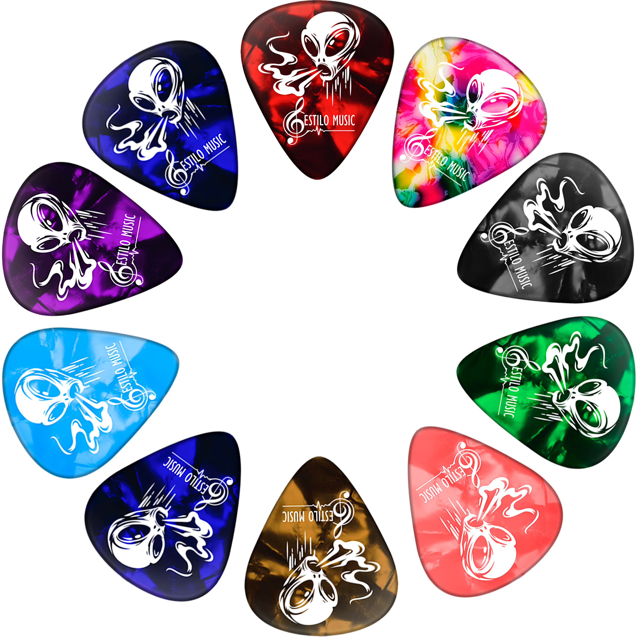 Set de 10 Puas Guitarra Celuloide Alien Toxic marca Estilo Music, colección Alien Toxic con colores aleatorios, fabricadas en celuloide resistente con máxima memoria y mínimo desgaste. PCT10