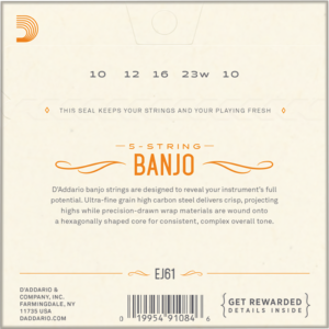 Cuerdas Banjo EJ61 Daddario juego para banjo de 5 cuerdas con acero niquelado y tono brillante. Juego de Cuerdas Banjo Daddario modelo EJ-61 con construcción loopend para ajuste universal EJ61
