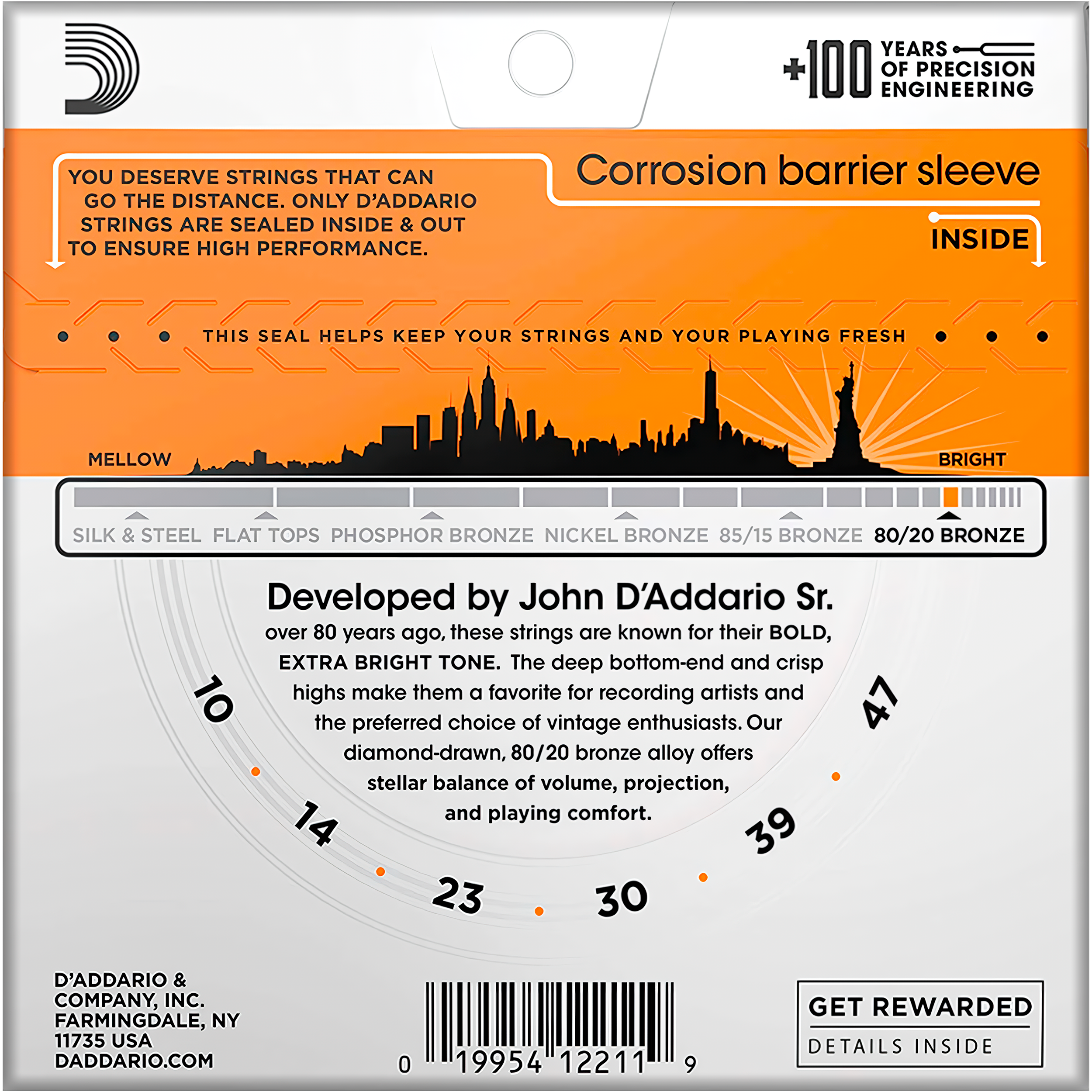 Cuerdas Daddario EJ10 para Guitarra acústica con calibre extra ligero y entorchado en bronce, tono brillante. Juego de Cuerdas Daddario EJ10 para Guitarra con empaque anticorrosión y sello de garantía original.